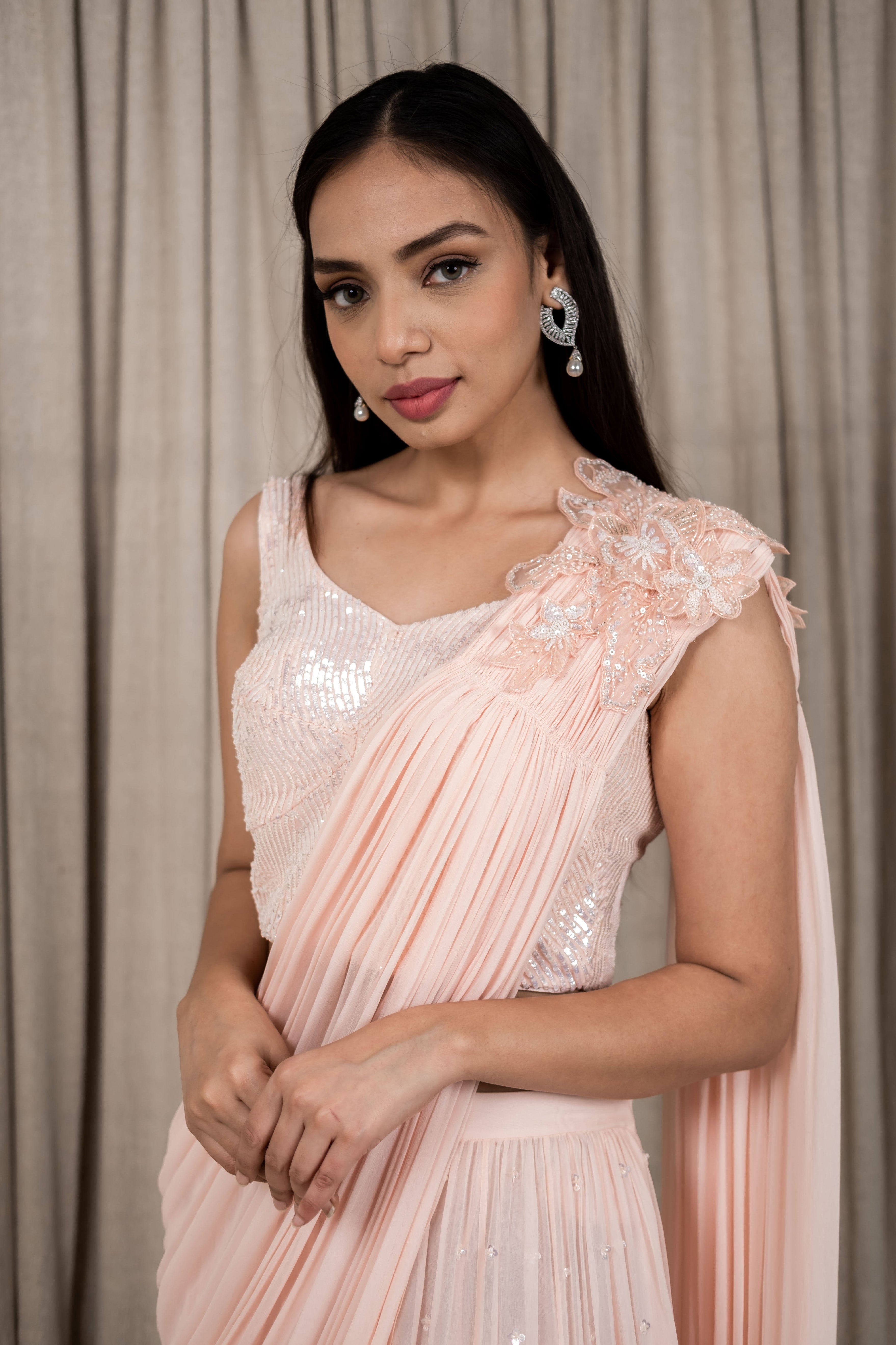 Varsana By Vandana Jaju & Aditi Jaju - Pastel Peach Embroidered Draped Saree Sharara Set