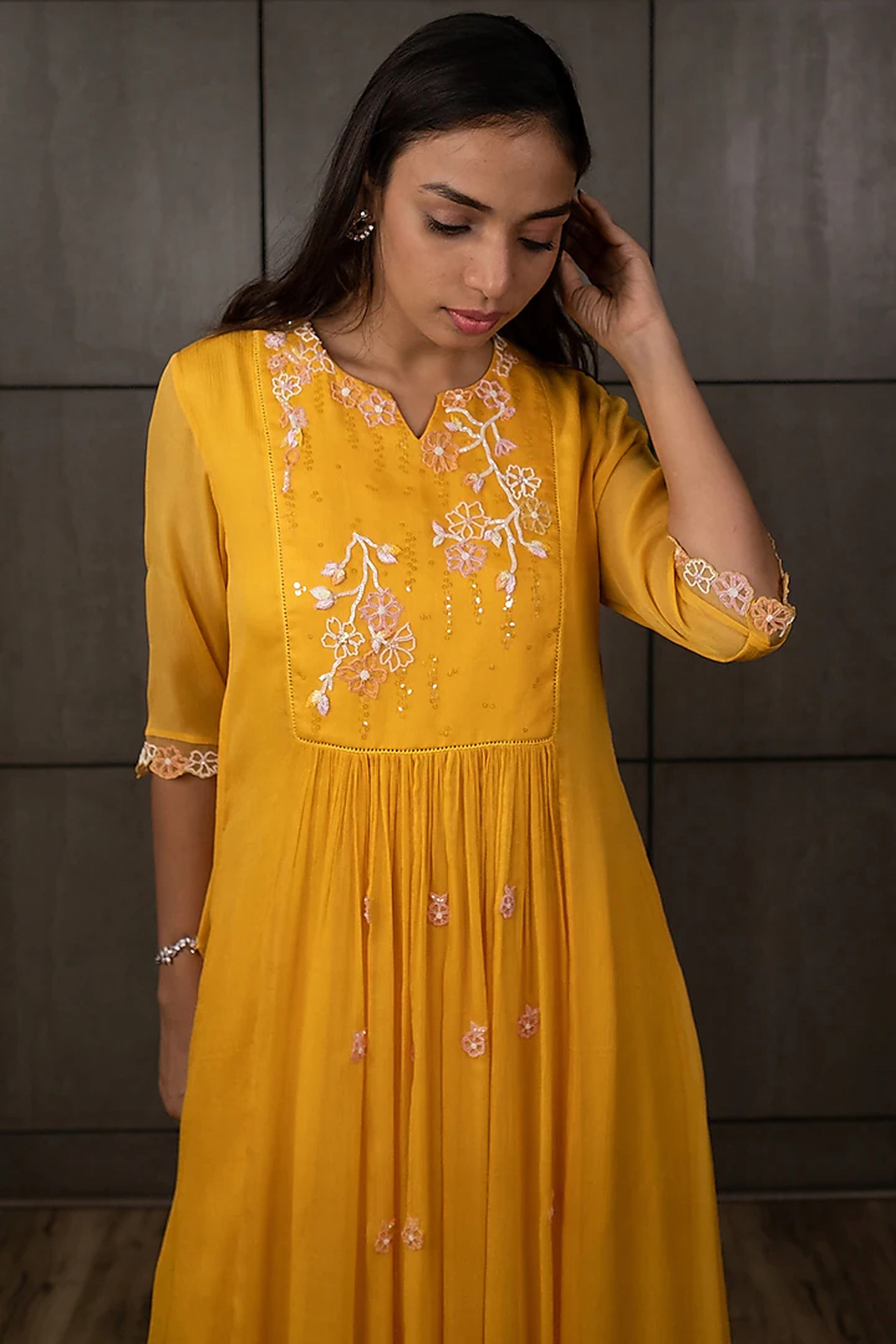 Varsana By Vandana Jaju & Aditi Jaju - Mustard Yellow Embroidered Kurta Set