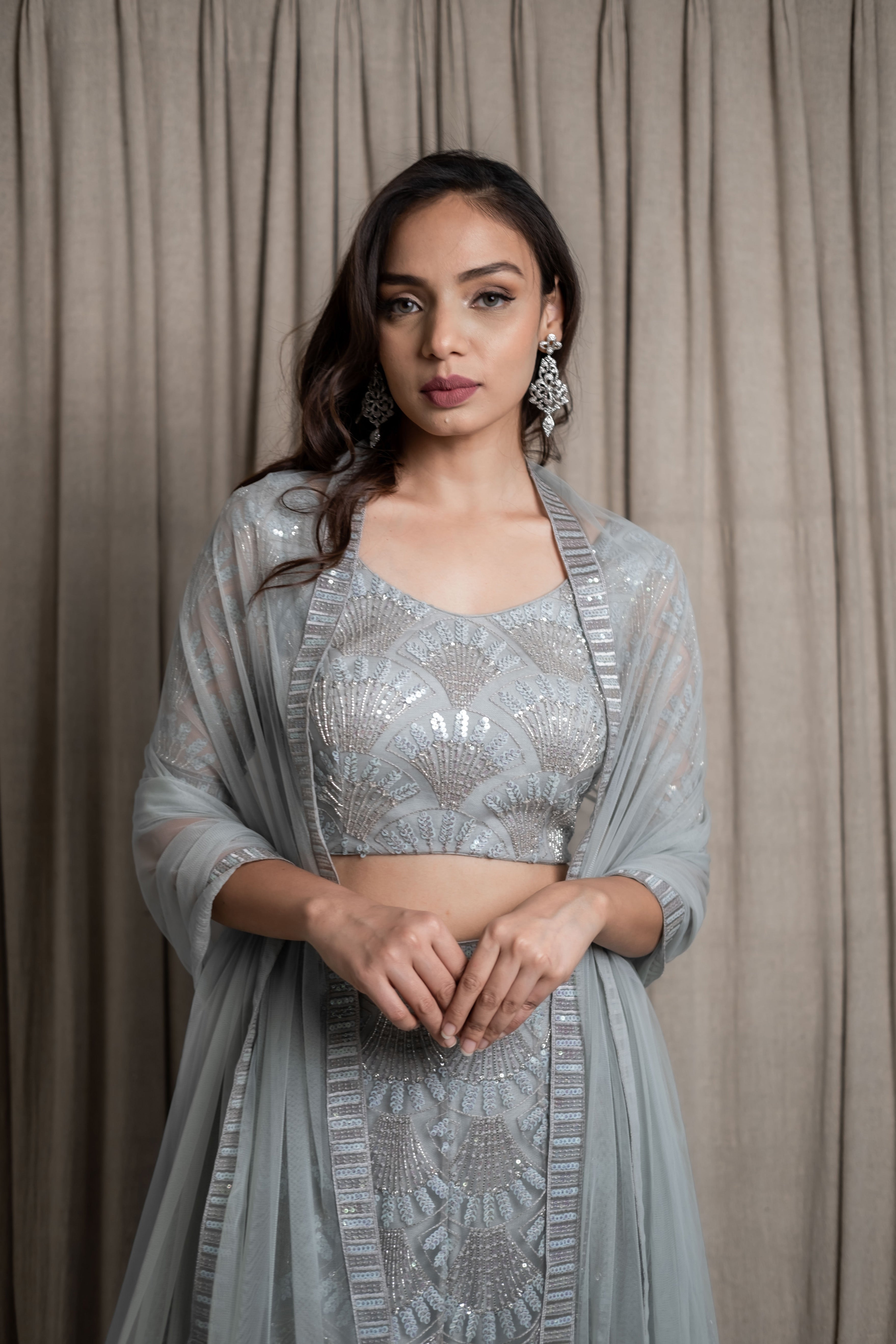 Varsana By Vandana Jaju & Aditi Jaju - Mint Grey Embroidered Lehenga Set