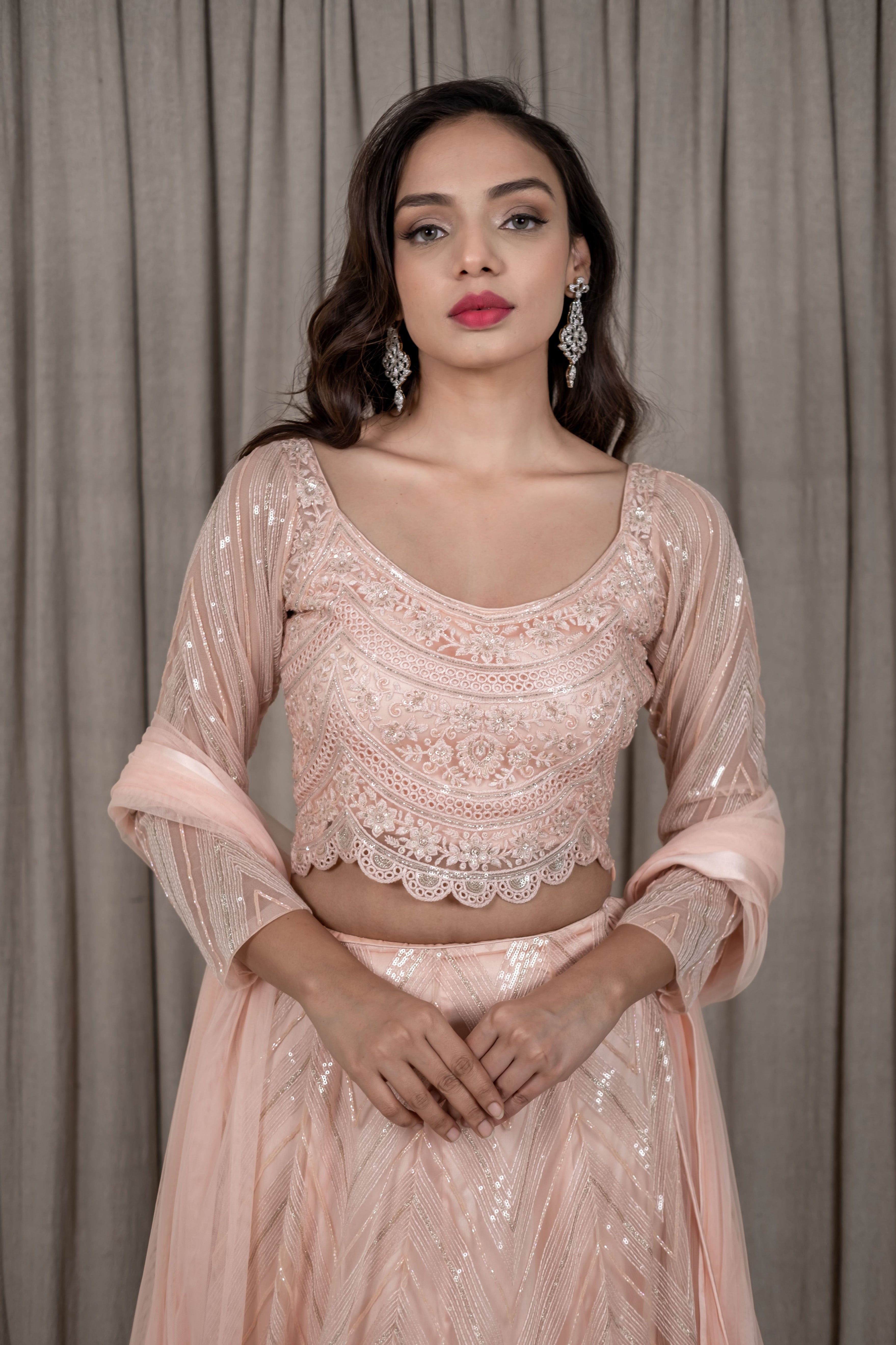 Varsana By Vandana Jaju & Aditi Jaju - Peach Embroidered Lehenga Set