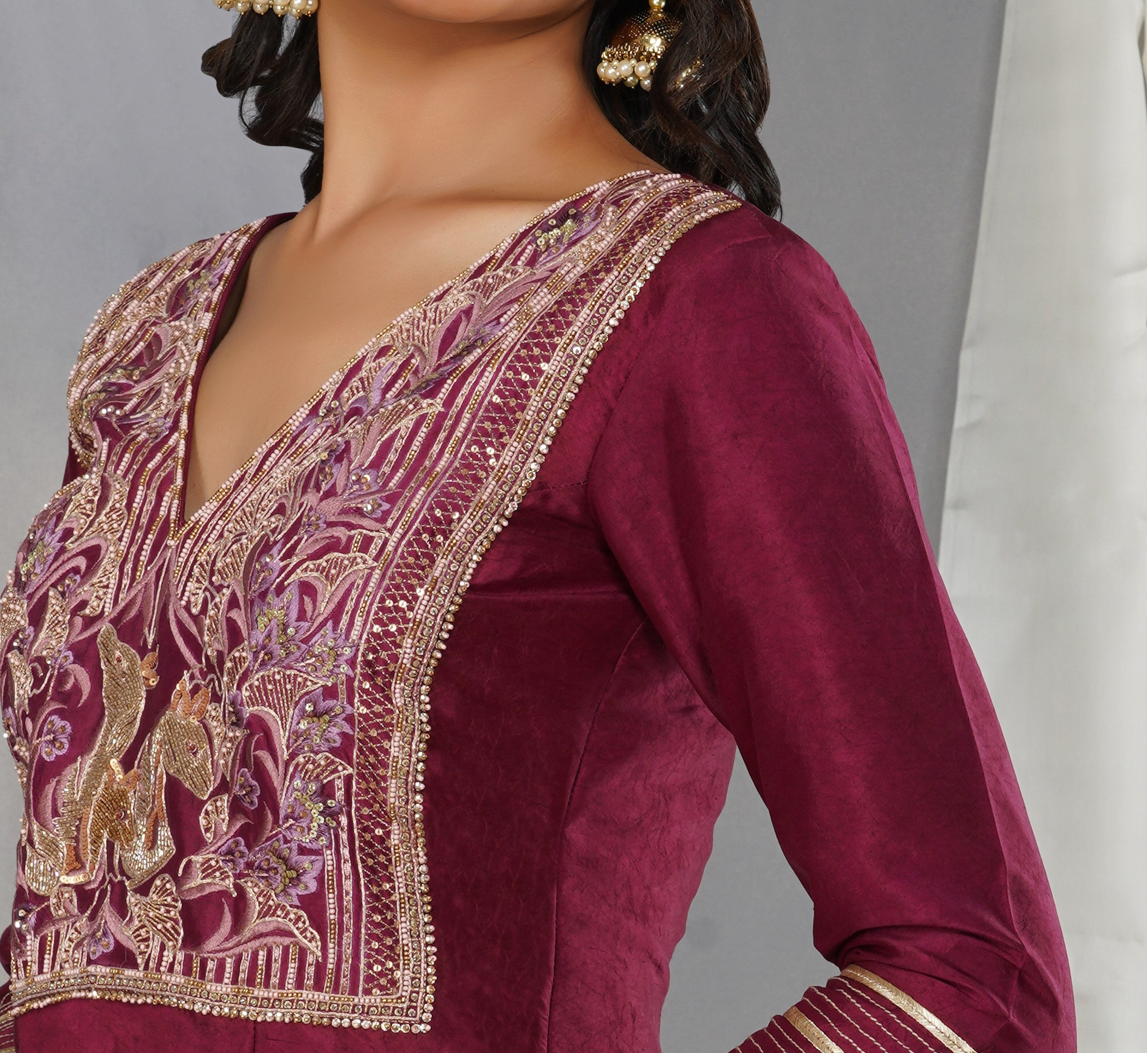 CY Dipti Chhabra Ayat - Mulberry Purple Embroidered Sharara Kurta Set Closeup 1