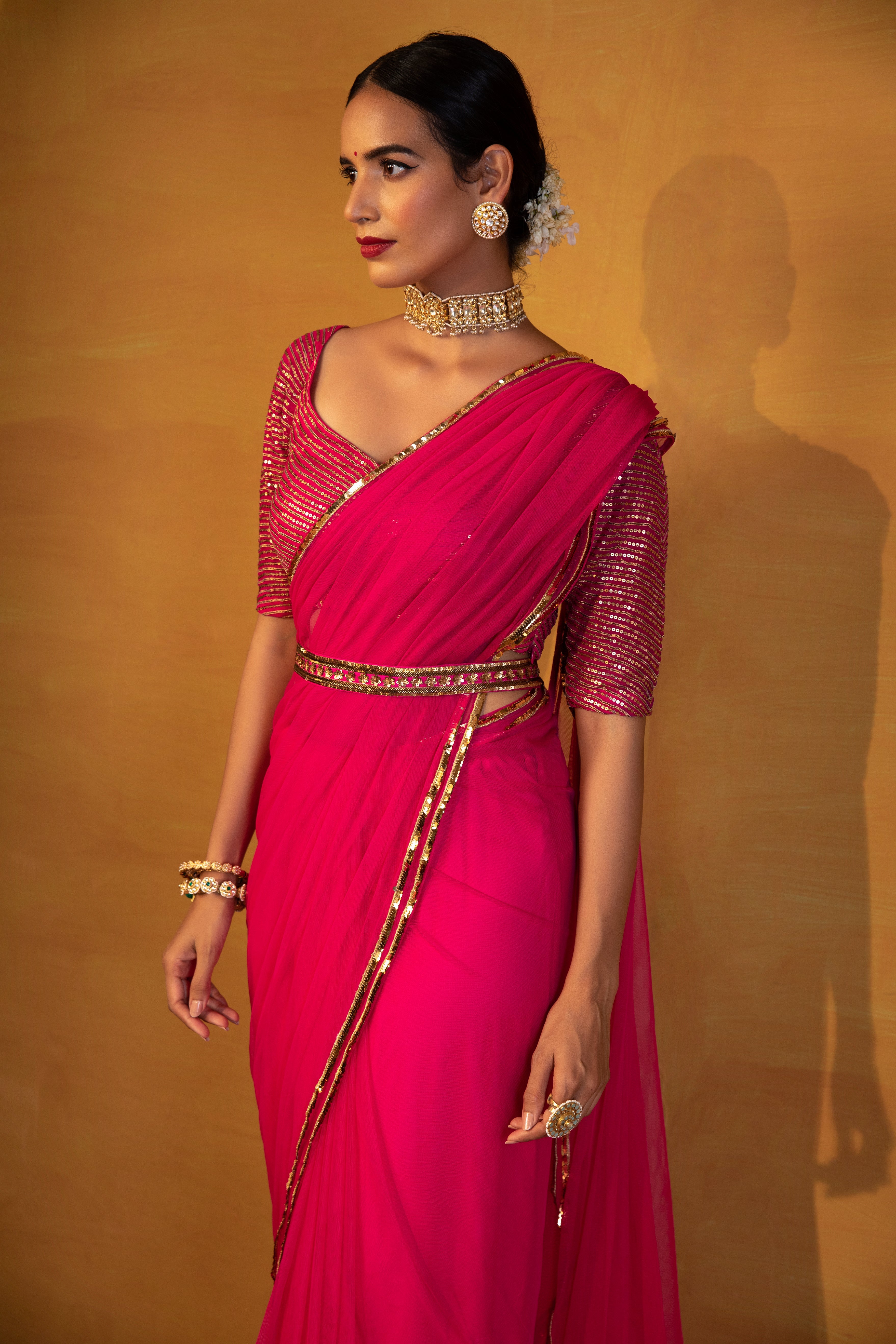 Esha Koul - Hot Pink Net Saree With Belt Set