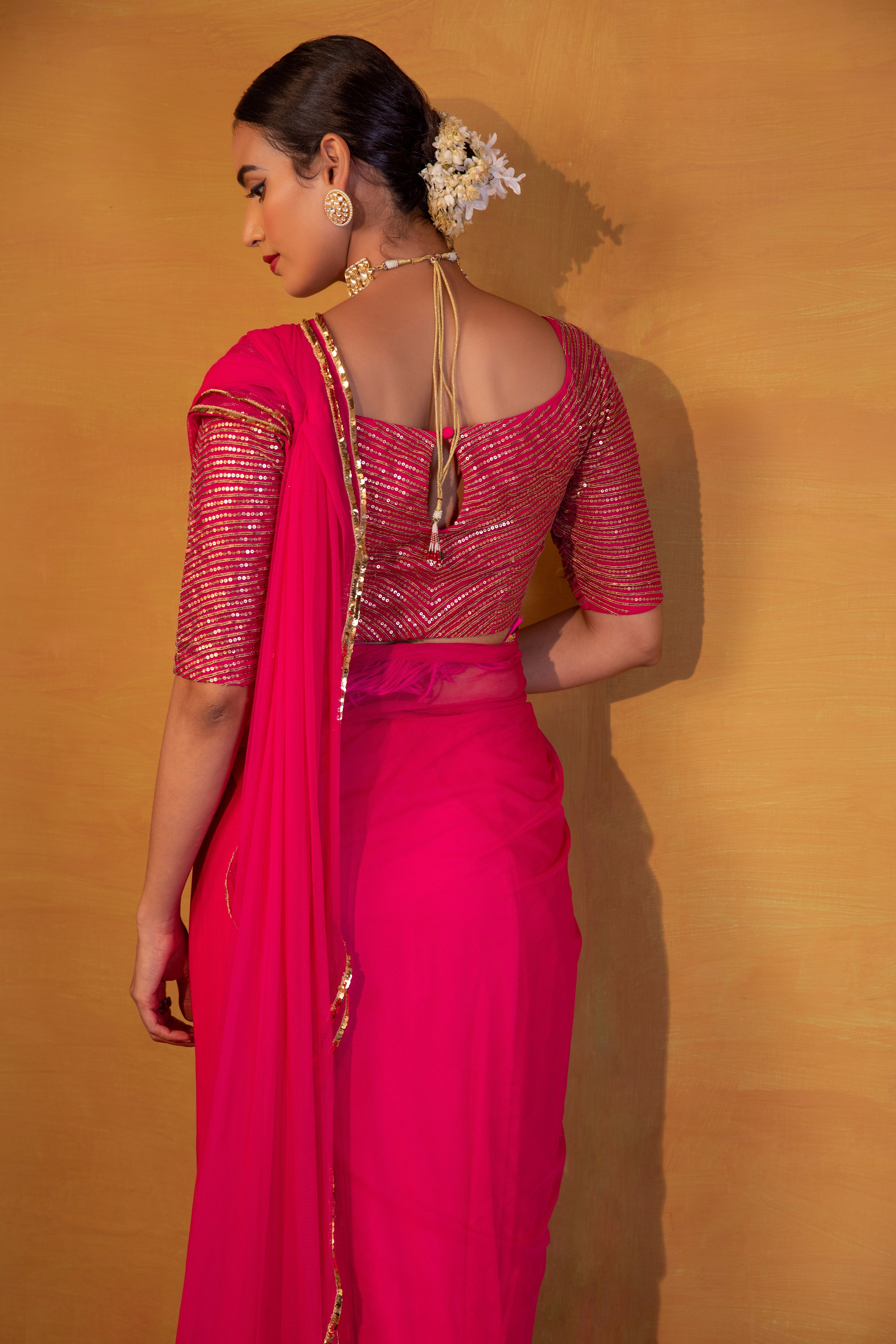 Esha Koul - Hot Pink Net Saree With Belt Set