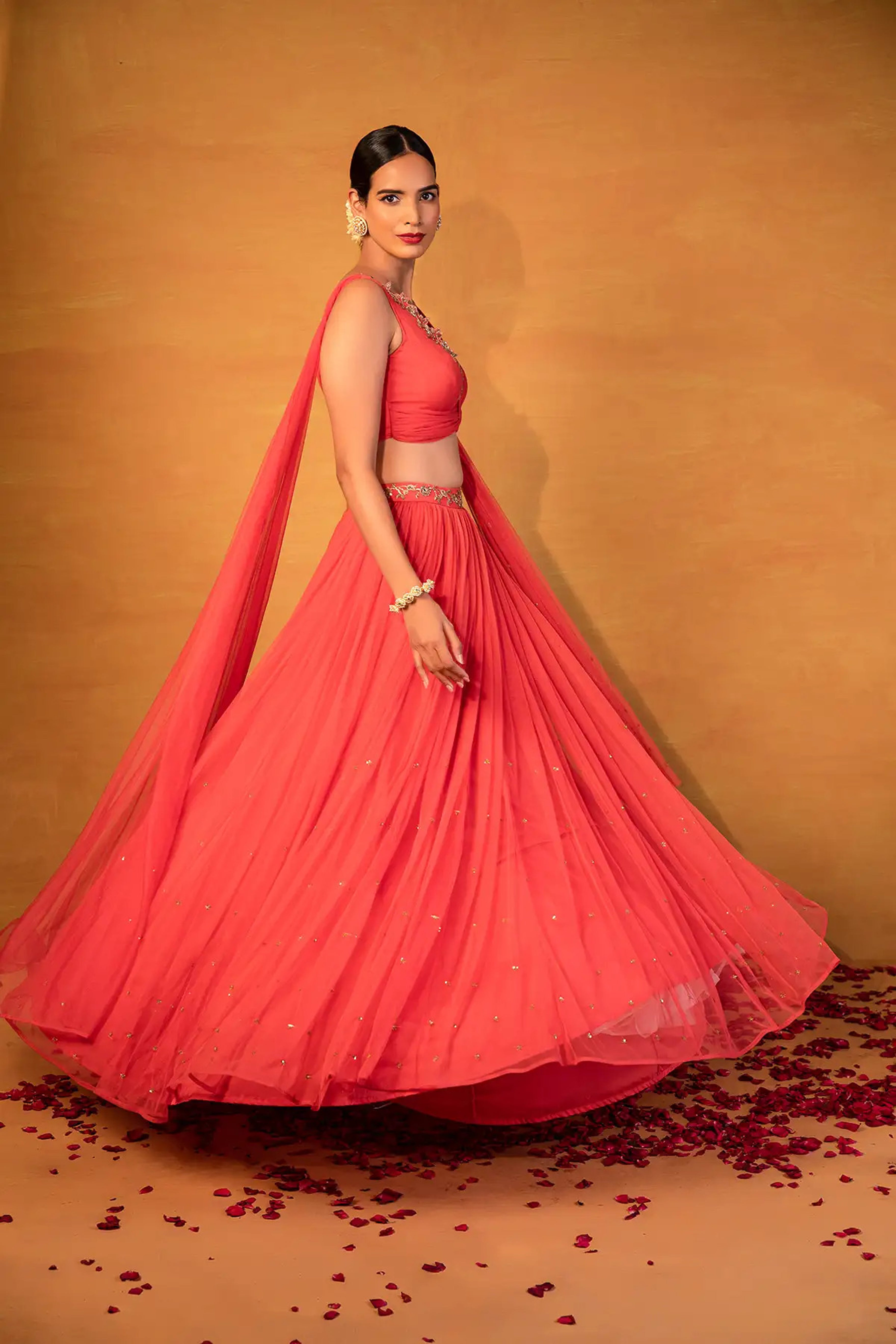 Esha Koul - Peach Pink Drape Skirt Set