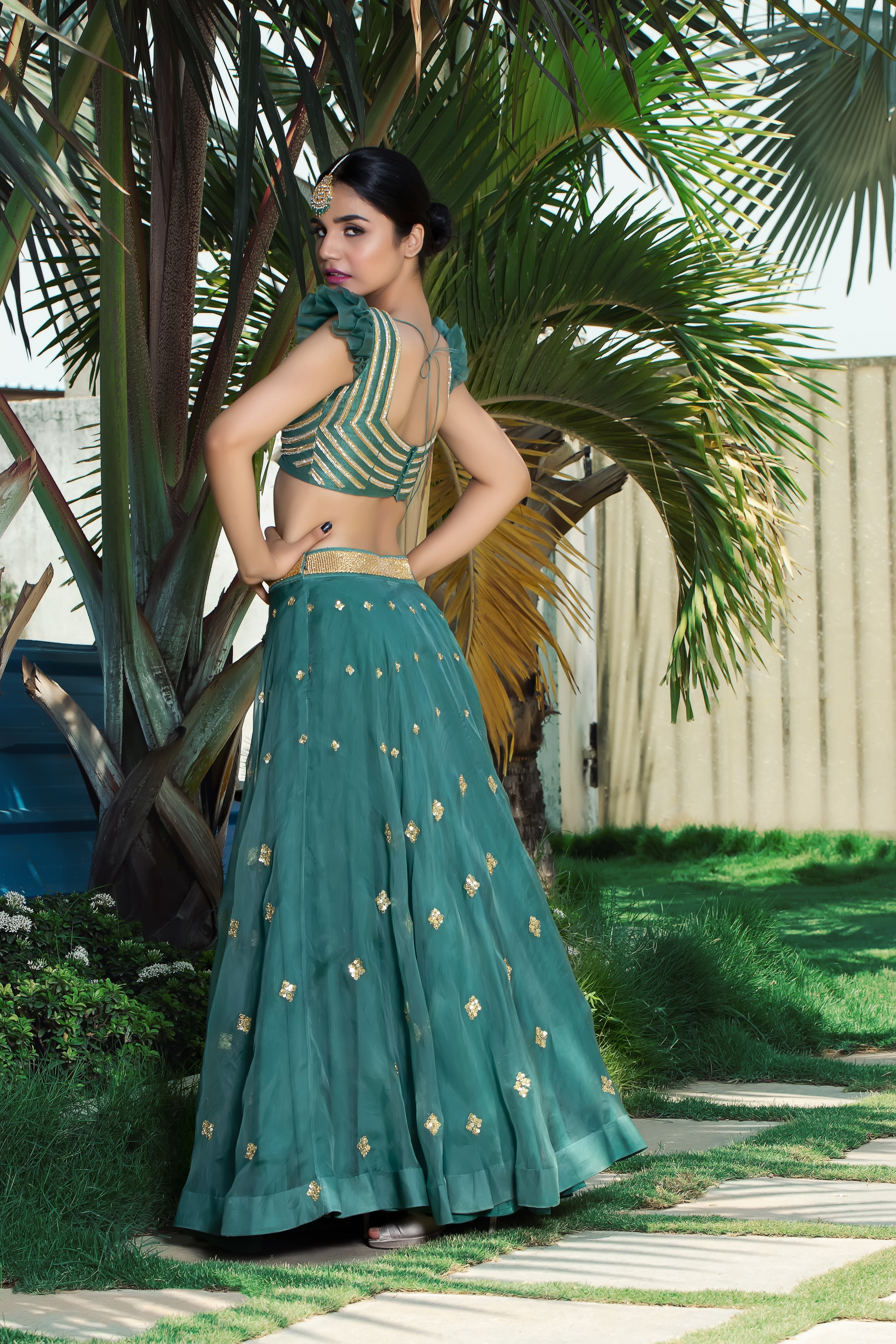 Label G3 By Gayathri Reddy - Bluish Green Embroidered Lehanga Set