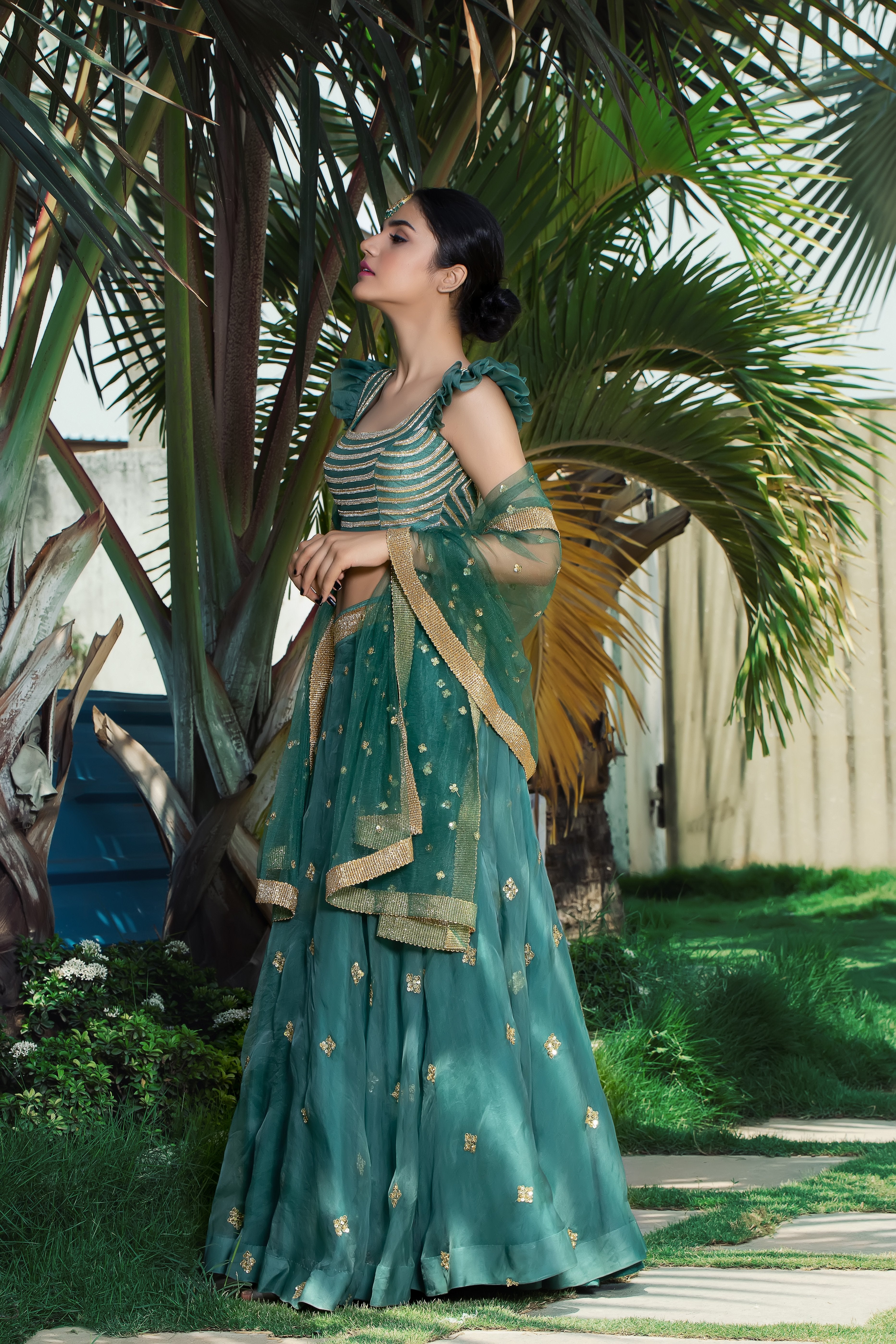 Label G3 By Gayathri Reddy - Bluish Green Embroidered Lehanga Set