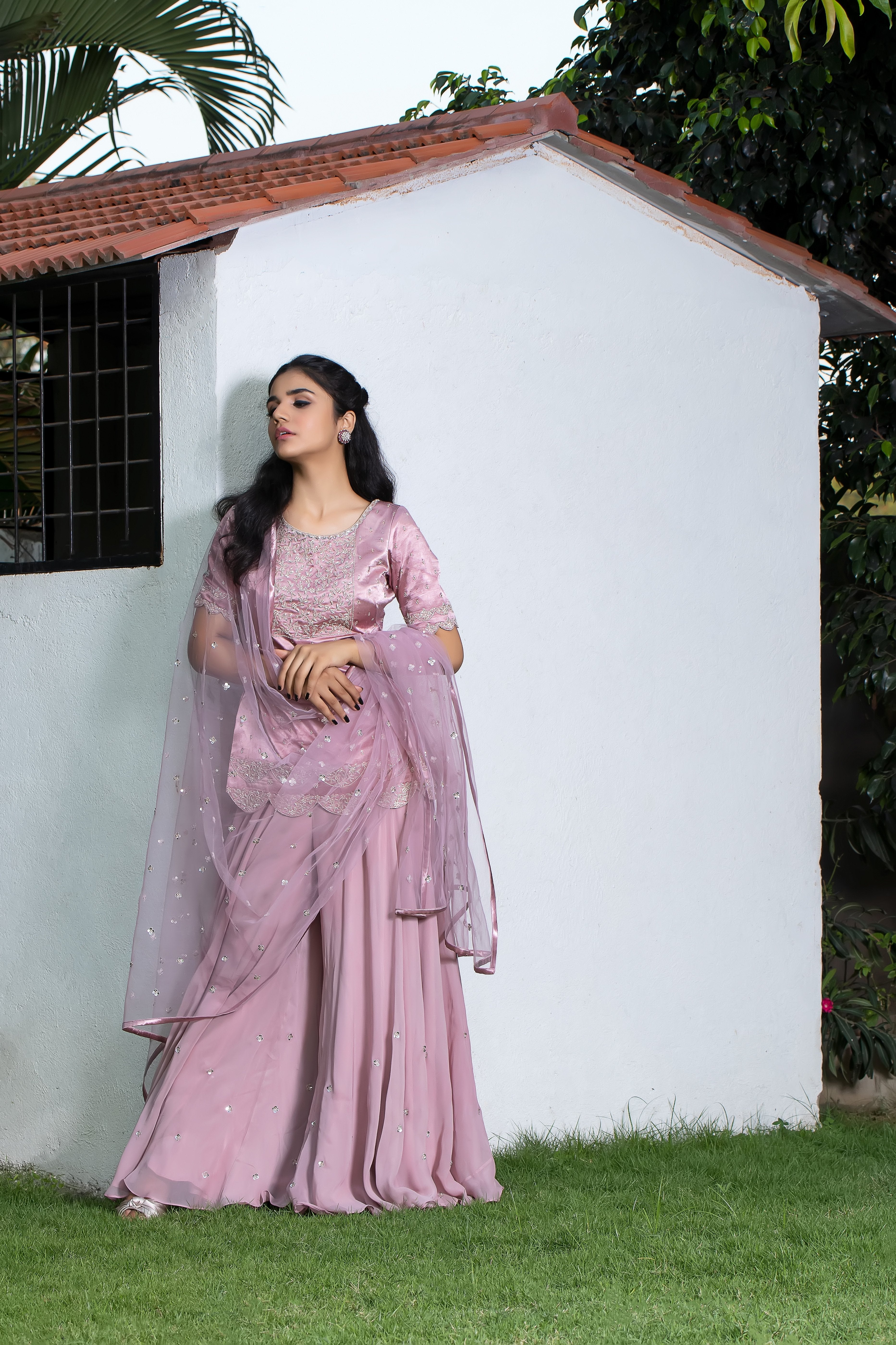 Label G3 By Gayathri Reddy - Scallop Detailed Dusty Rose Gold Ghararas