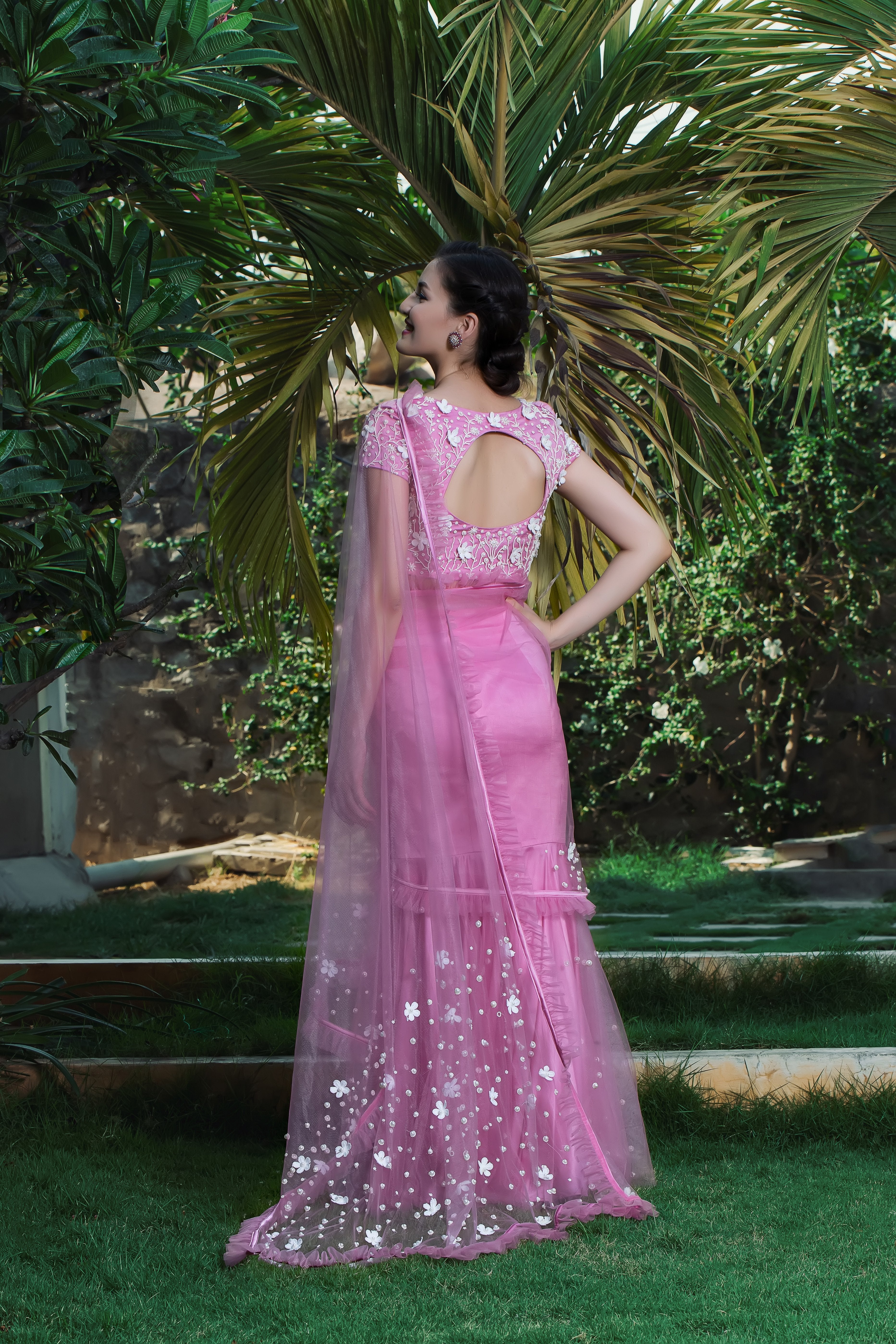 Label G3 By Gayathri Reddy - Onion Pink Pre Pleated Cocktail Saree with Floral Embellished Blouse