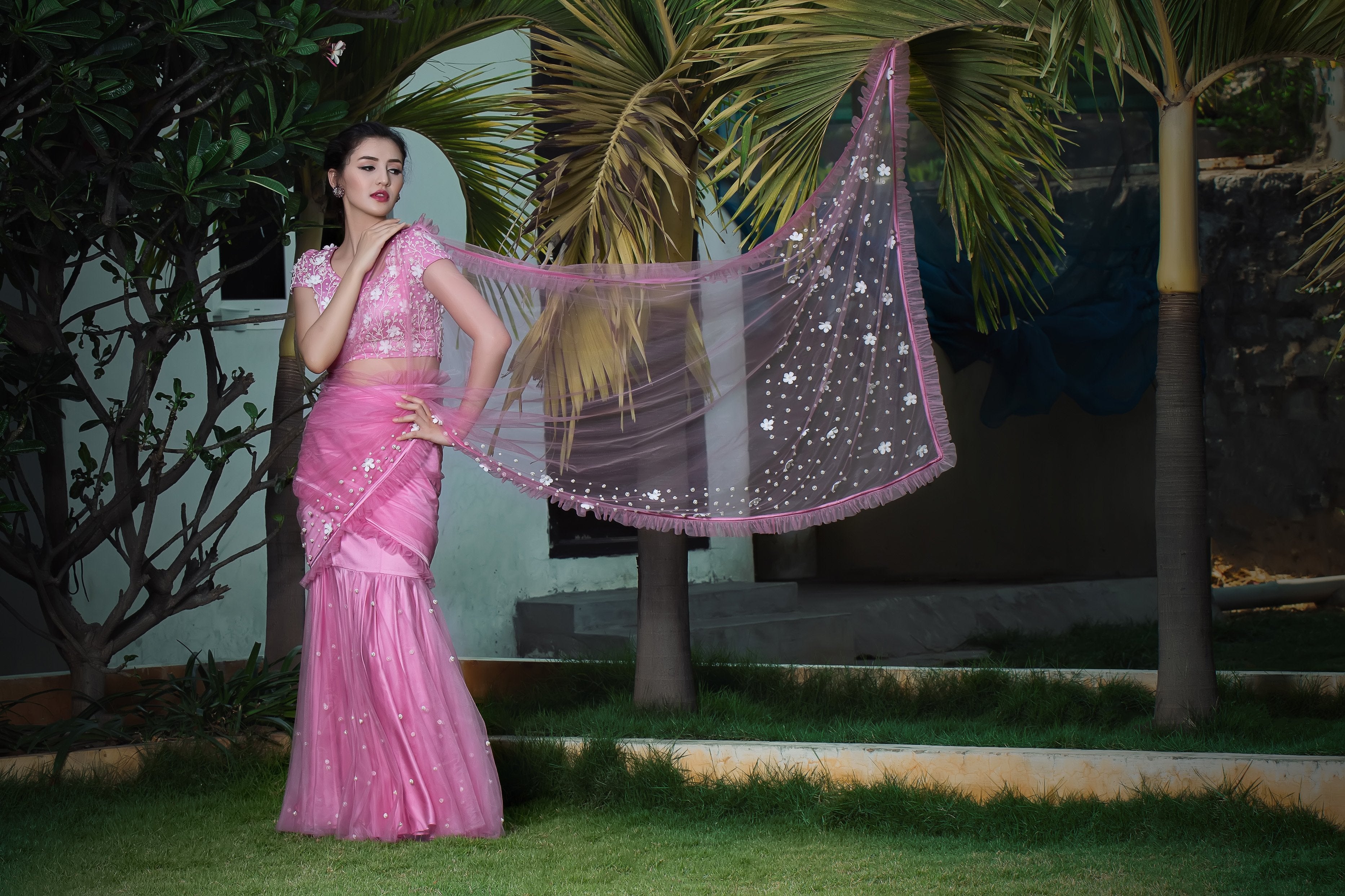 Label G3 By Gayathri Reddy - Onion Pink Pre Pleated Cocktail Saree with Floral Embellished Blouse