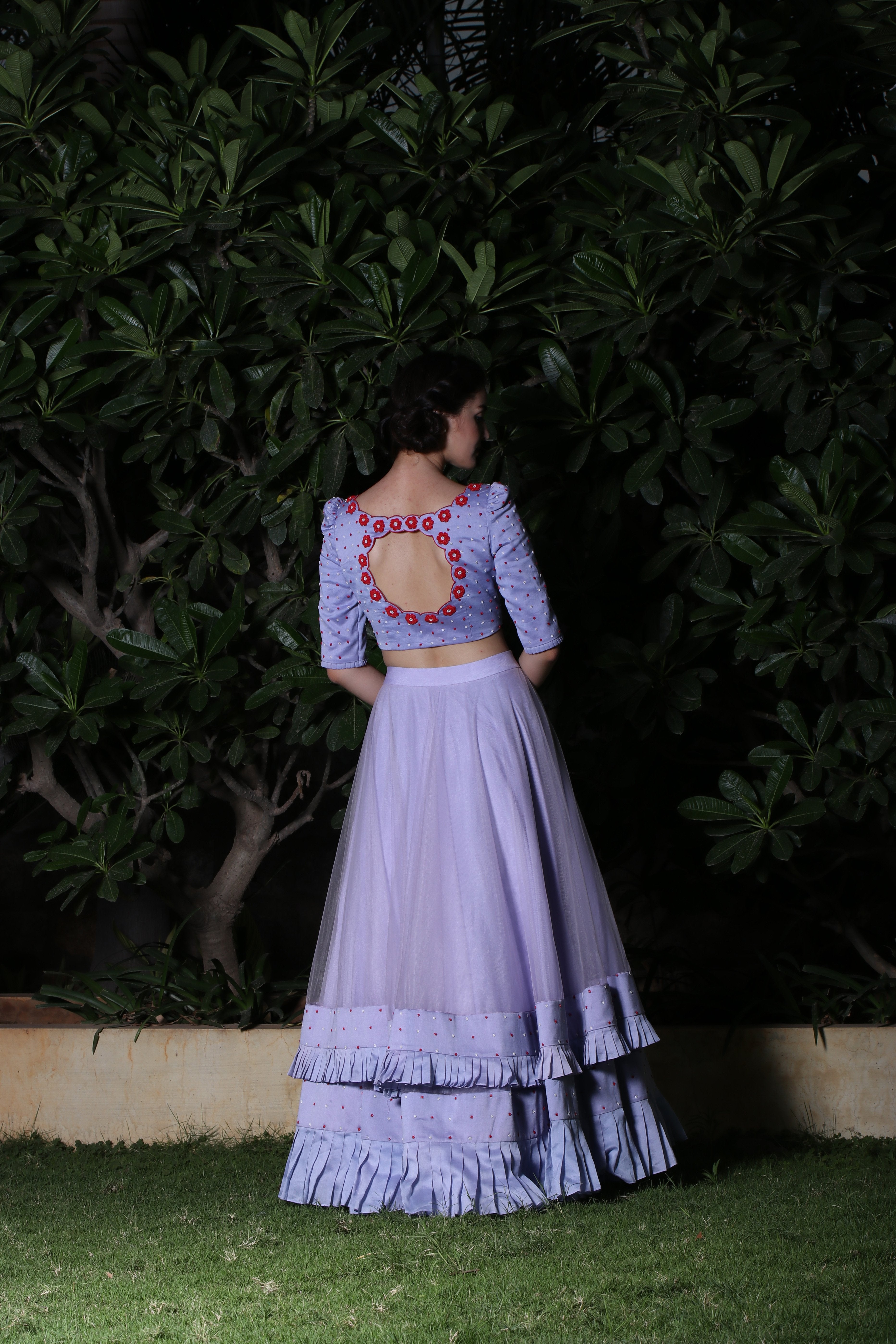 Label G3 By Gayathri Reddy - Lavender Layered Pleated Skirt with Embroidered Crop Top