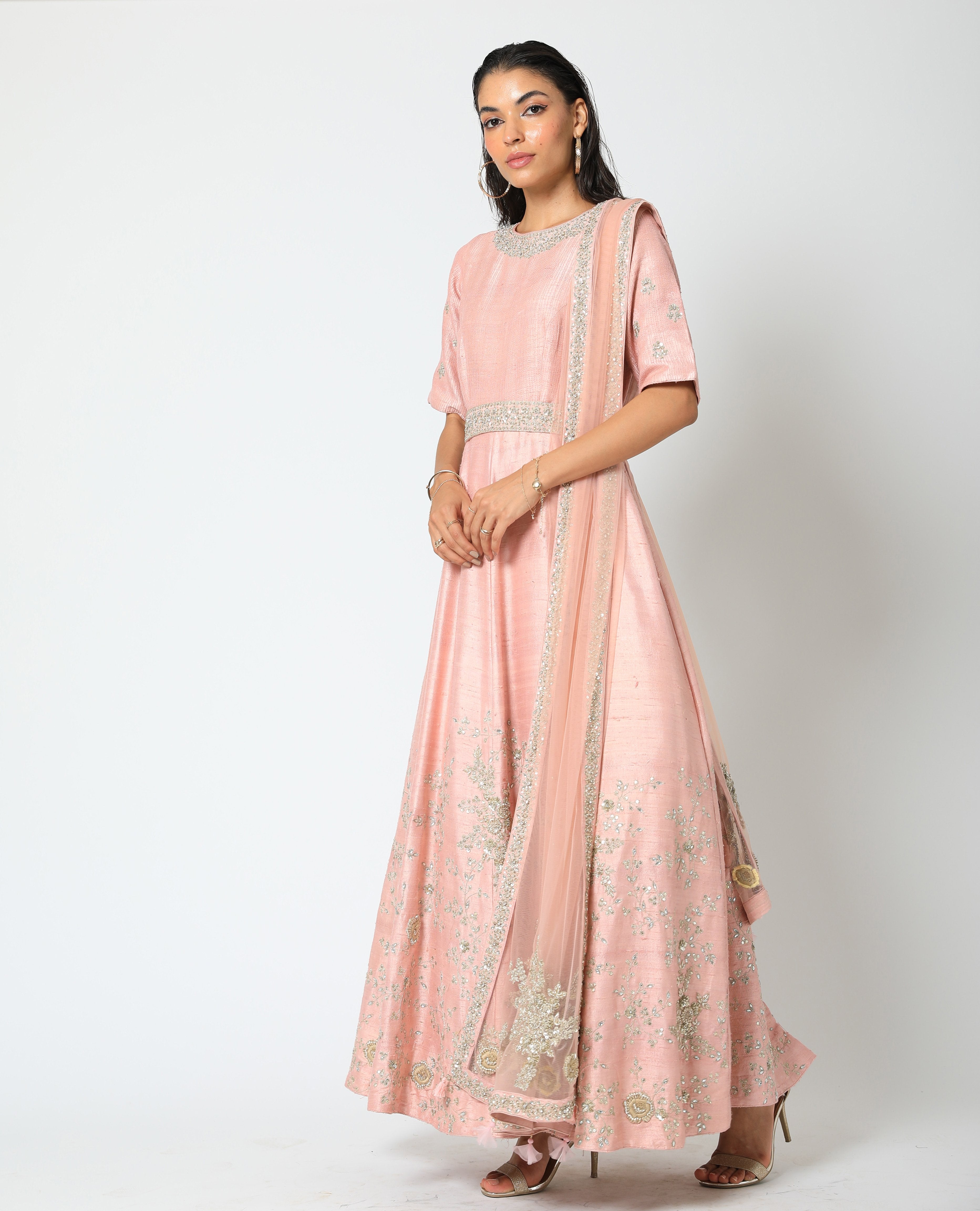 Romaa - Peach Embroidered Gown With Dupatta
