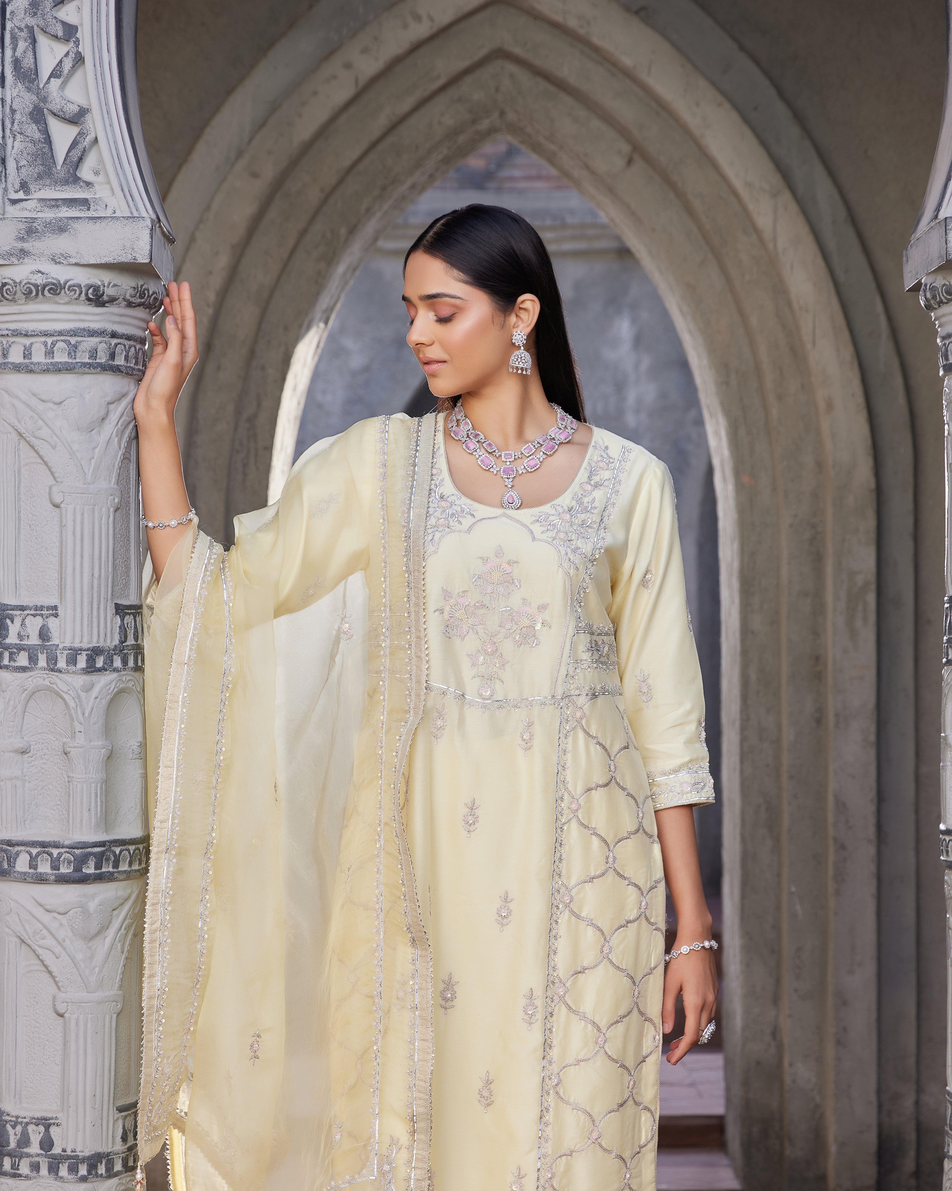 Yellow embroidered chanderi suit set