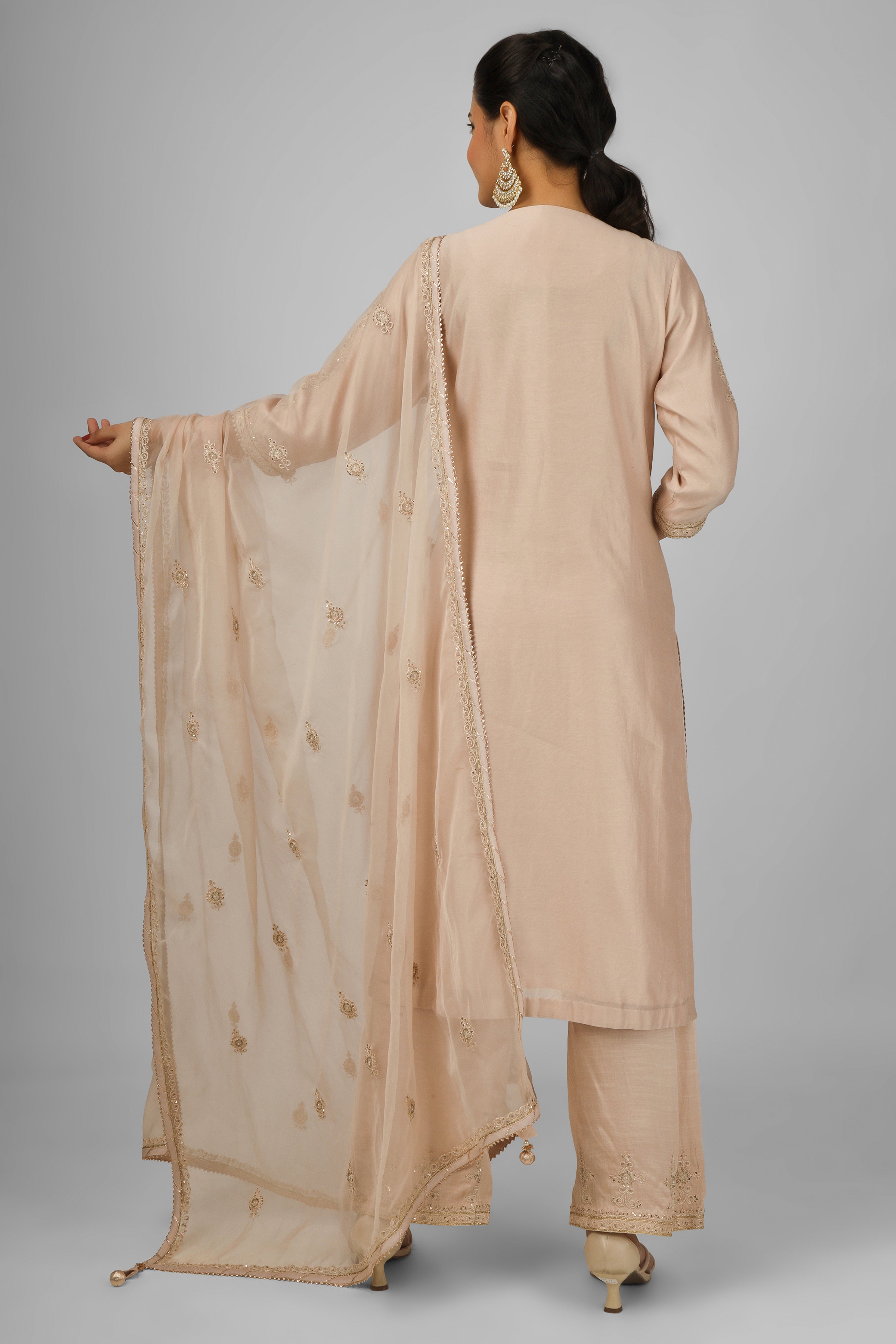 CY House Of Hiya Peach Embroidered Silk Chanderi Kurta Suit Set Back 1
