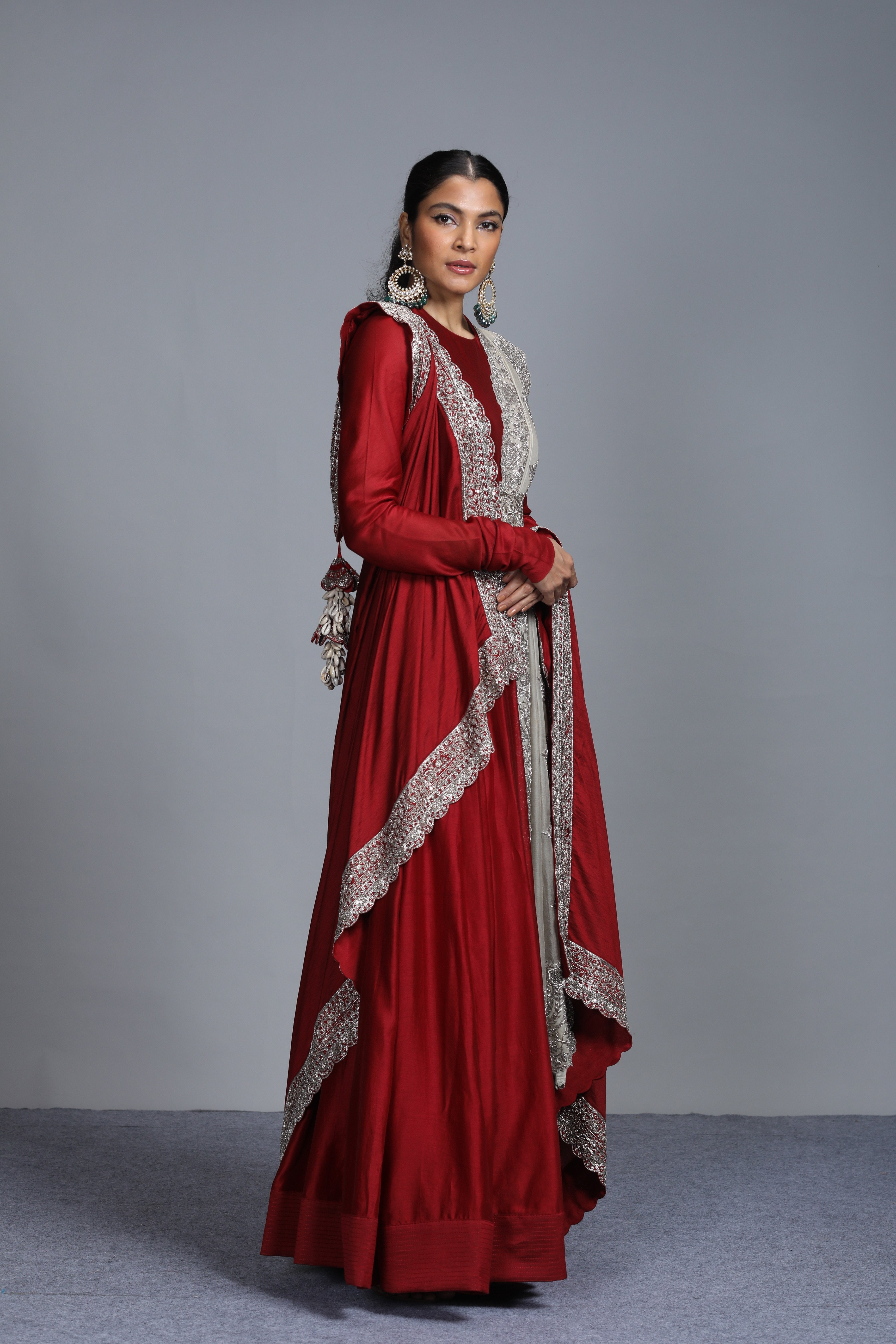 Jayanti Reddy - Chanderi Silk Embroidered Maroon Anarkali Set