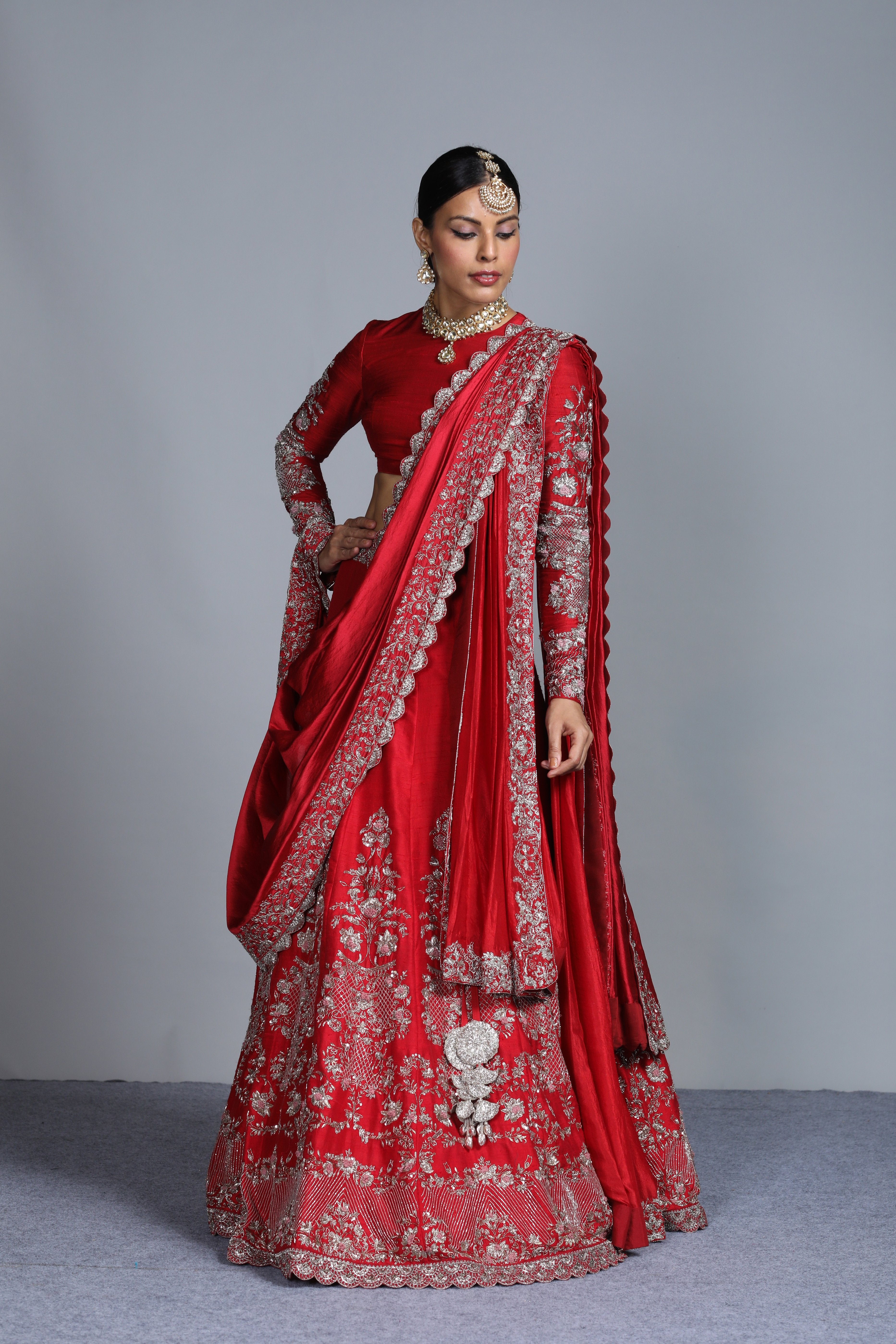 Jayanti Reddy - Red Embroidered Raw Silk Lehenga With Full Sleeves Blouse Set