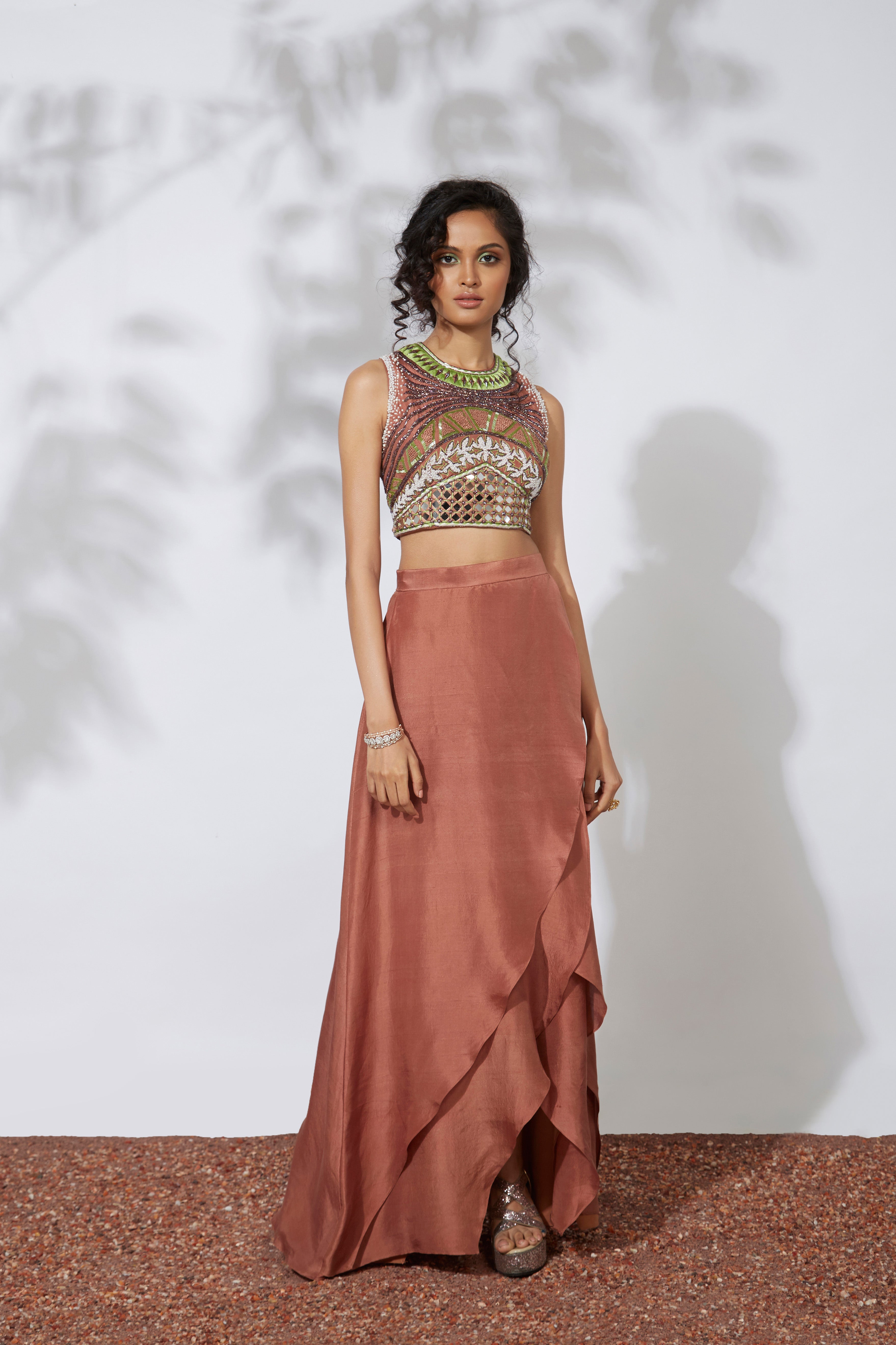 Mehak Murpana - Ochre Skirt with Embroidered Crop Top