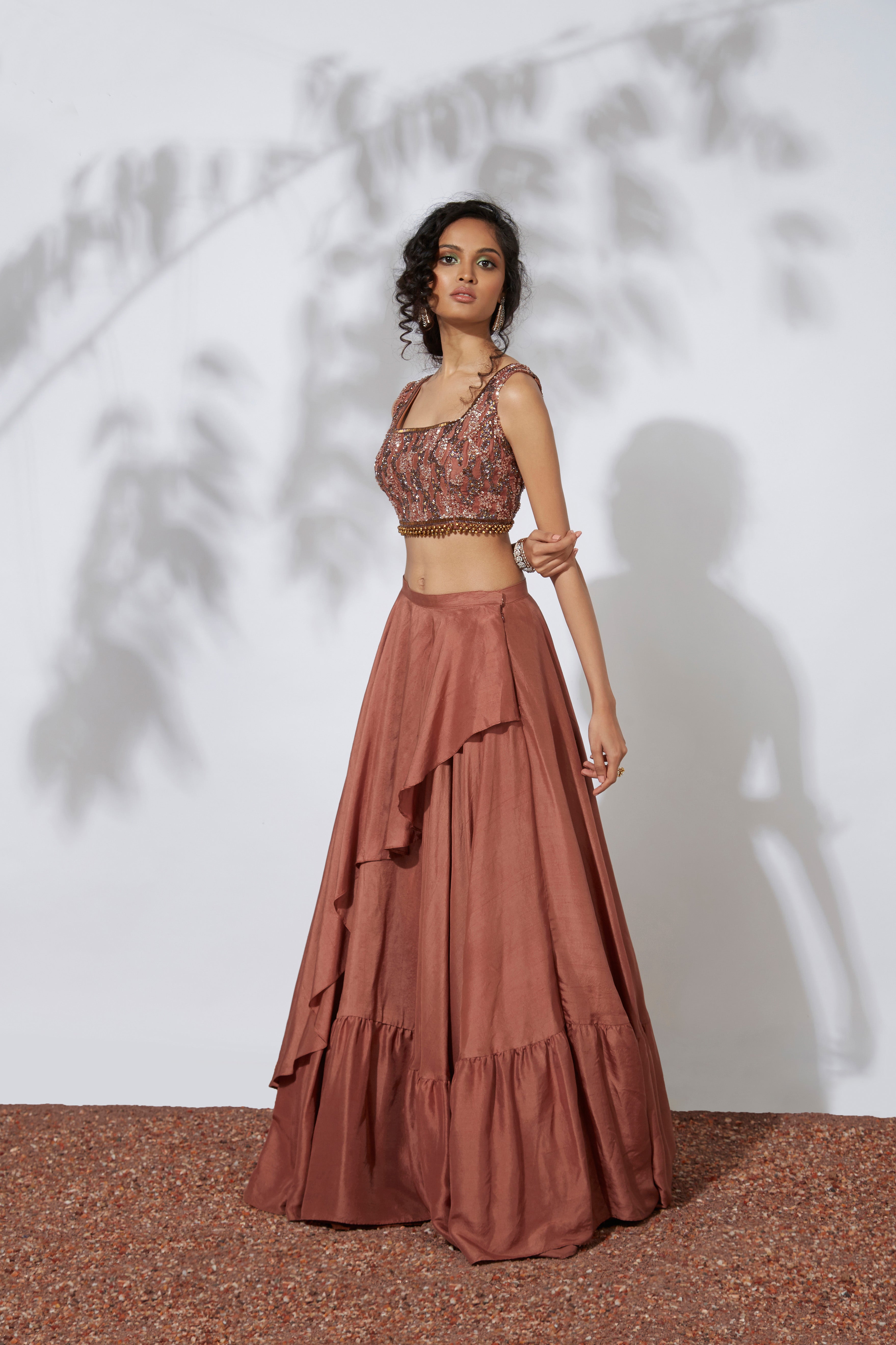Mehak Murpana - Ochre Lehenga with Embroidered Crop Top