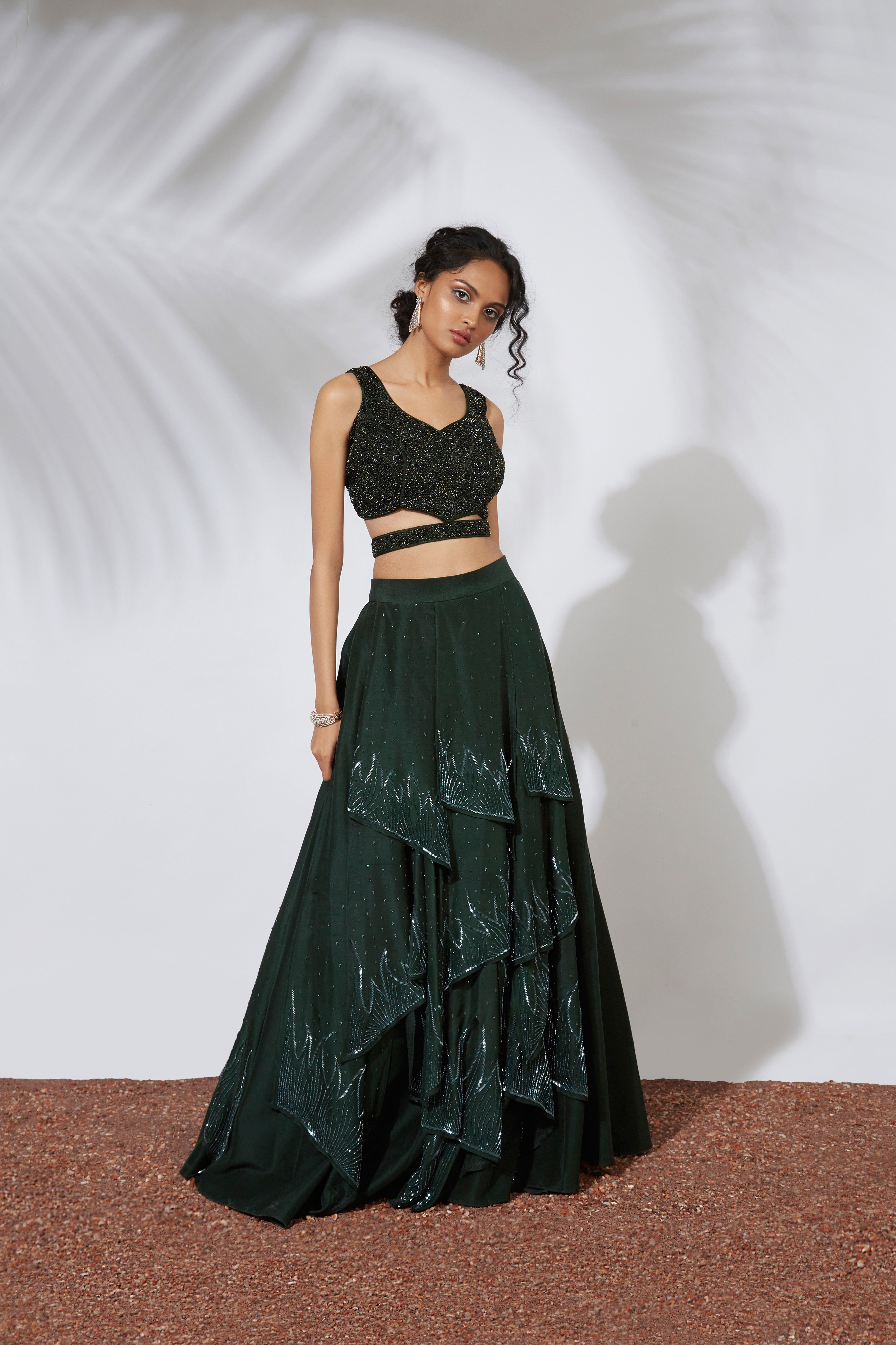 Mehak Murpana - Forest Green Embroidered Lehenga With Crop Top