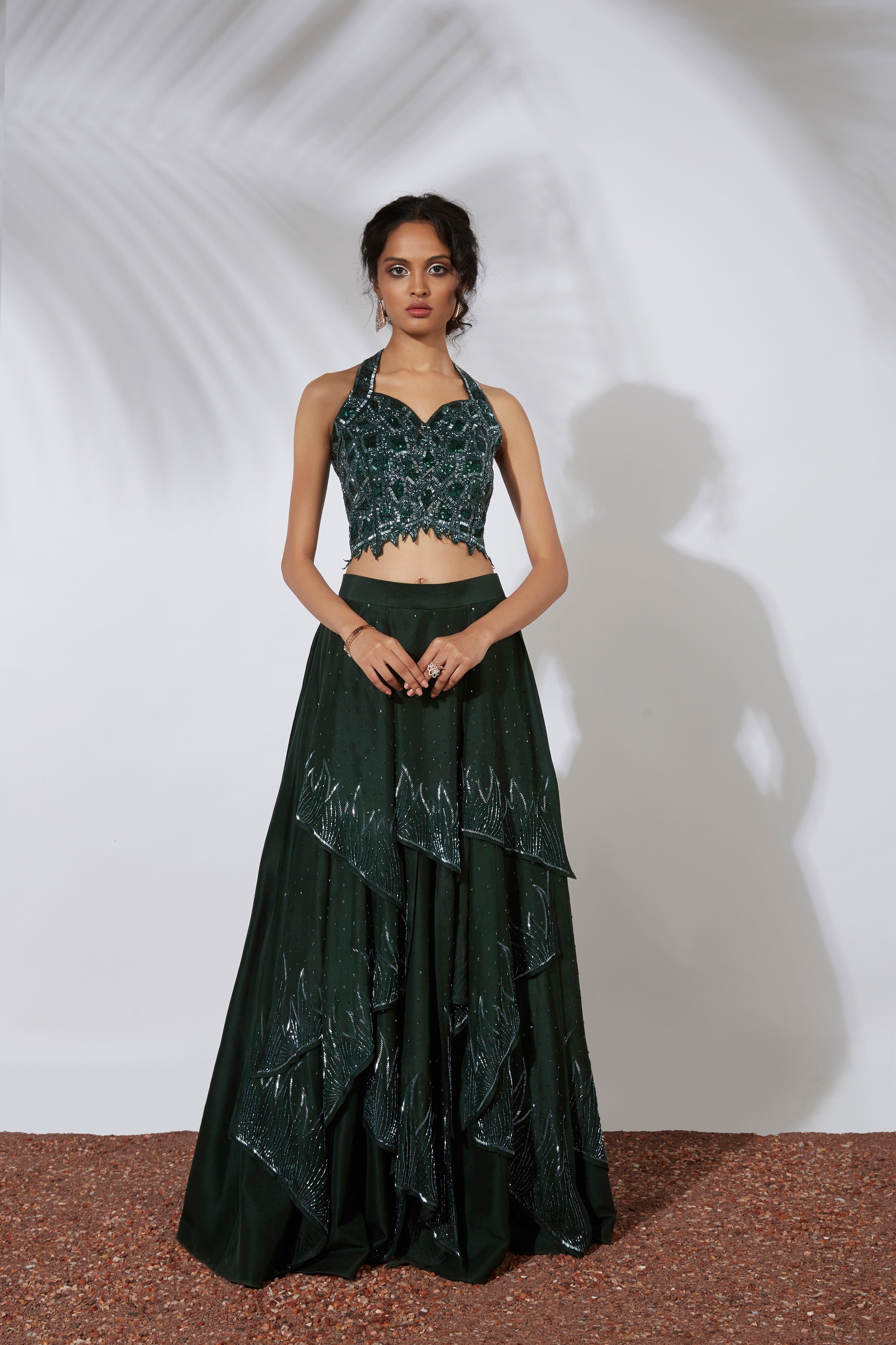 Mehak Murpana - Forest Green Embroidered Lehenga With Crop Top