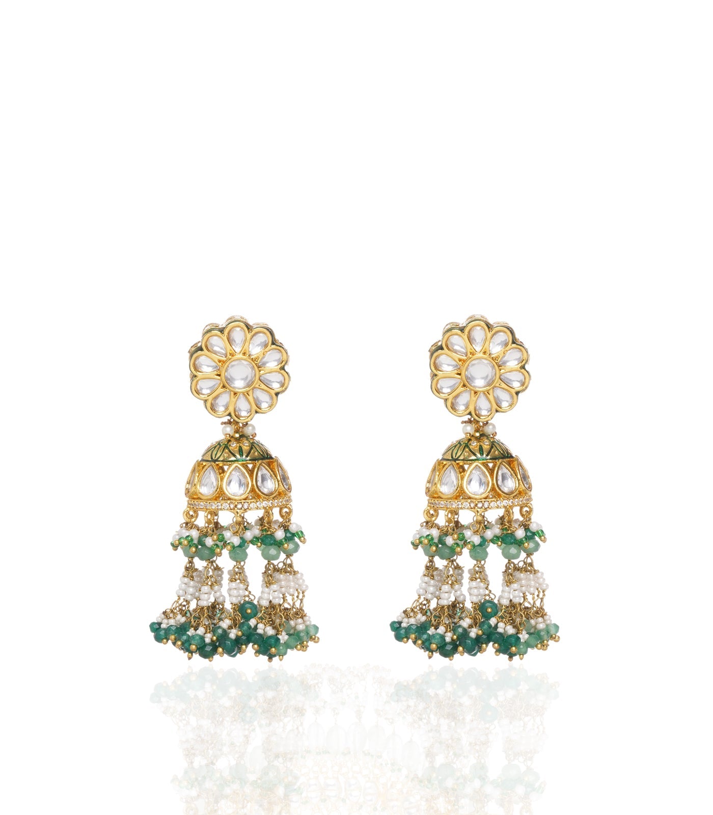 Preeti Mohan - Chandni Gold Plated Green Kundan Necklace Set With Green & White Drops