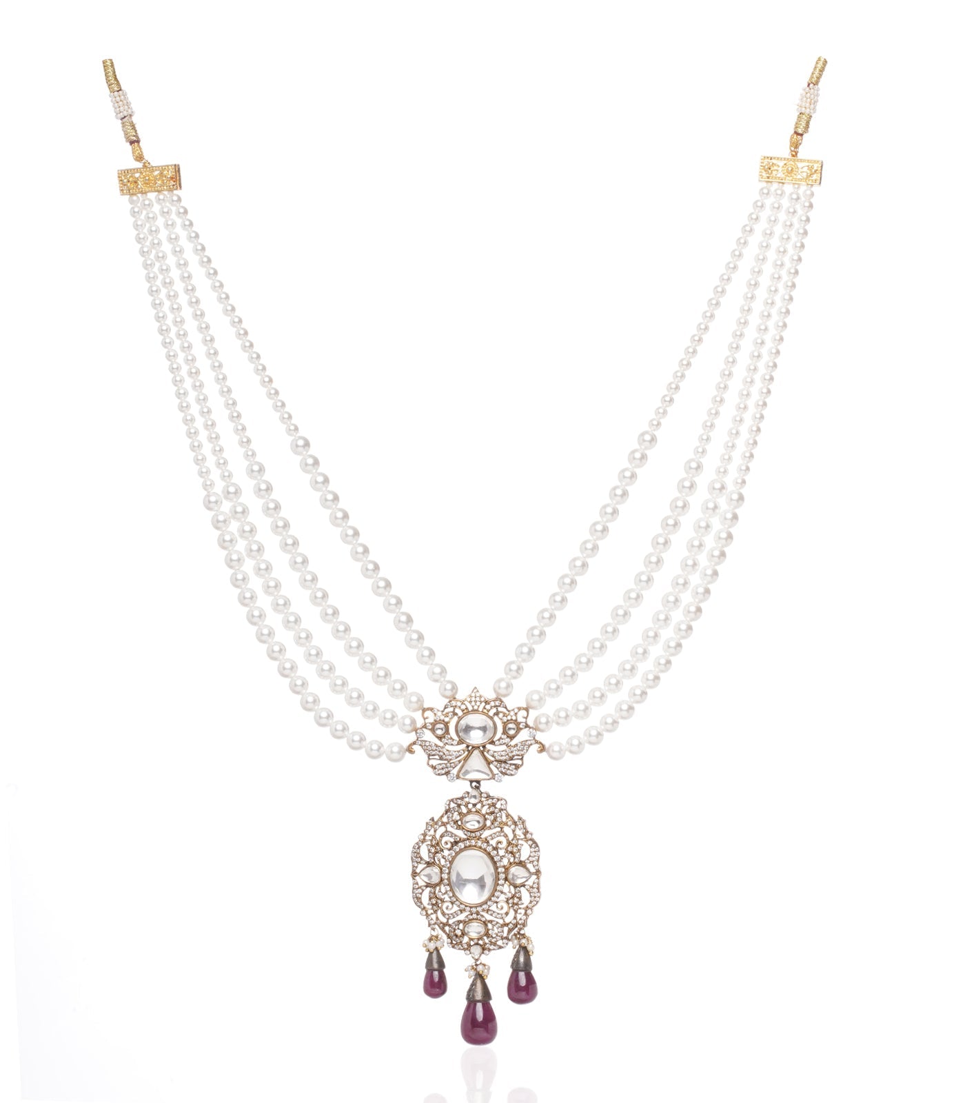 Preeti Mohan - Chandni Gold Plated Polki Pendant With Ruby & Pearls