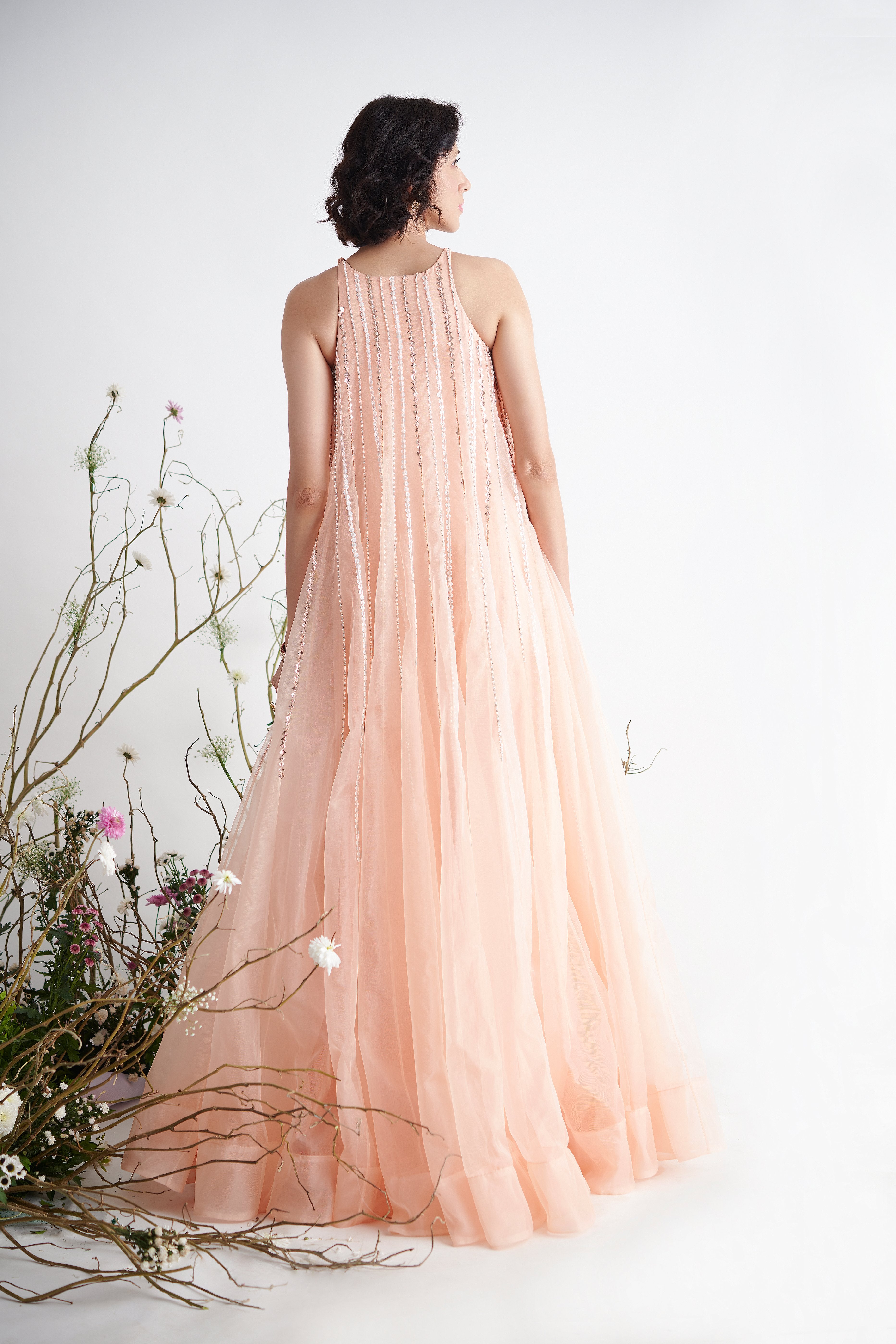 Pink Peacock Couture - Peach Hand Embroidered Trapeze Gown