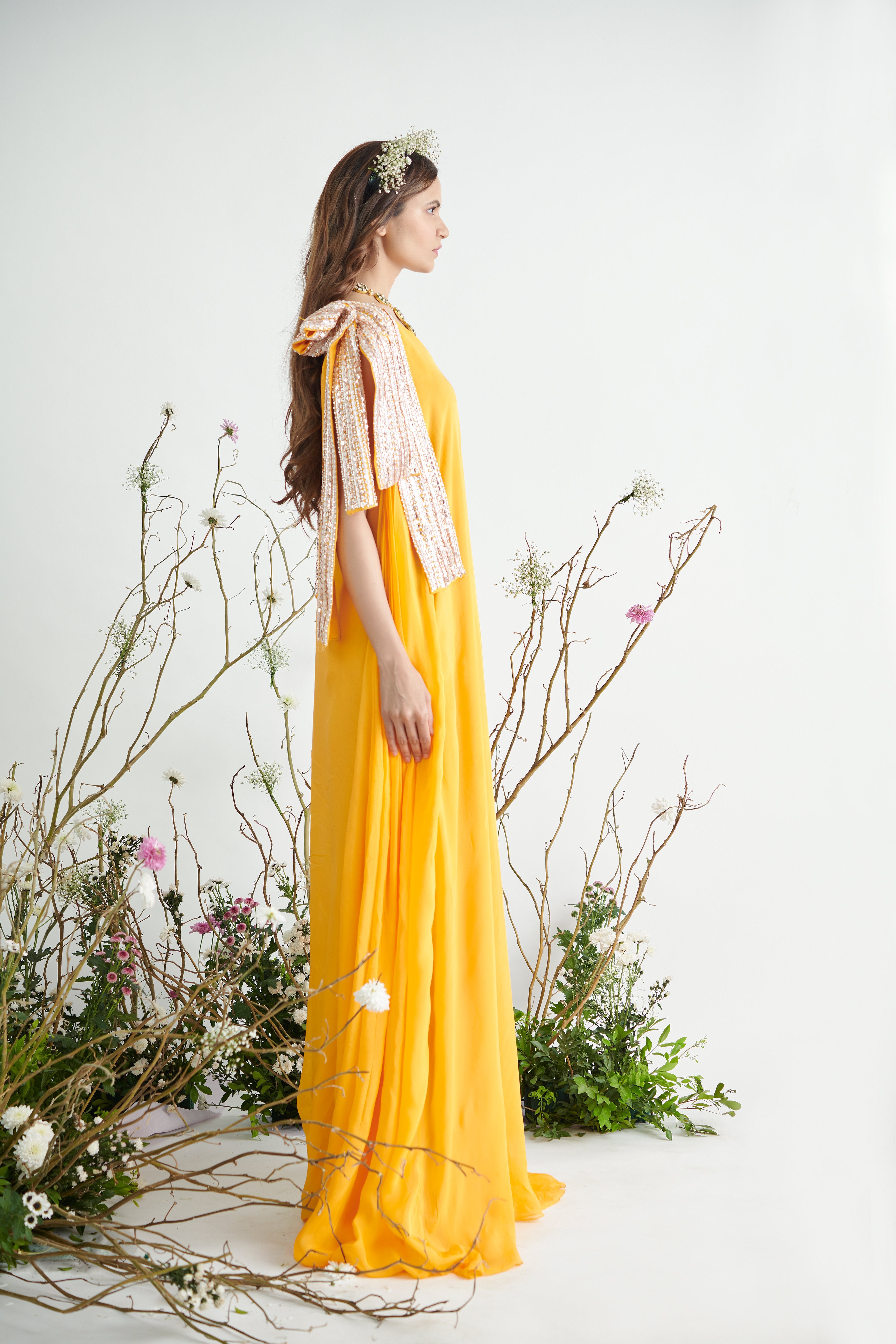 Pink Peacock Couture - Yellow Hand Embroidered Maxi Dress