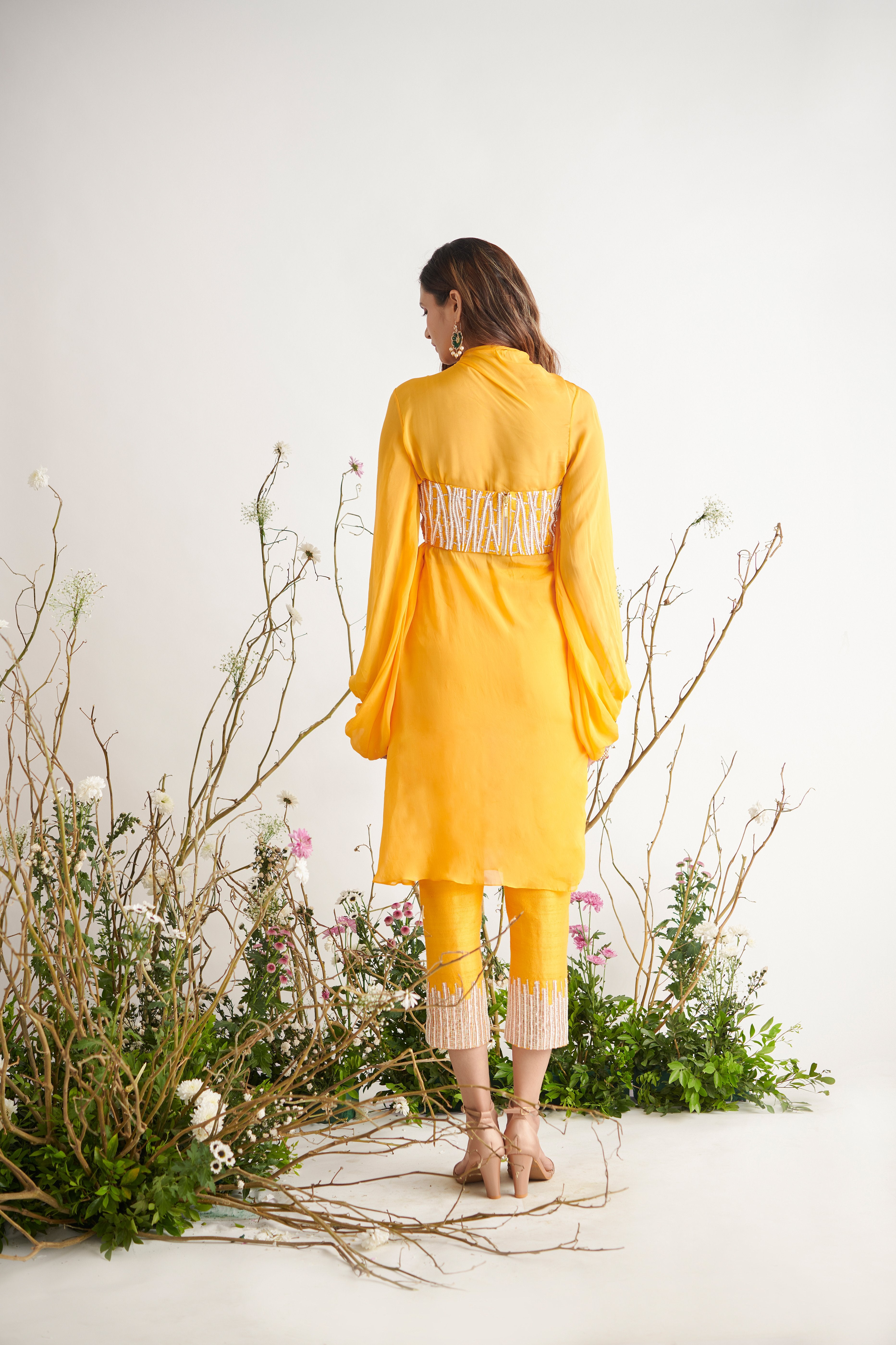 Pink Peacock Couture - Yellow Hand Embroidered Bustier With Tunic & Pant Set