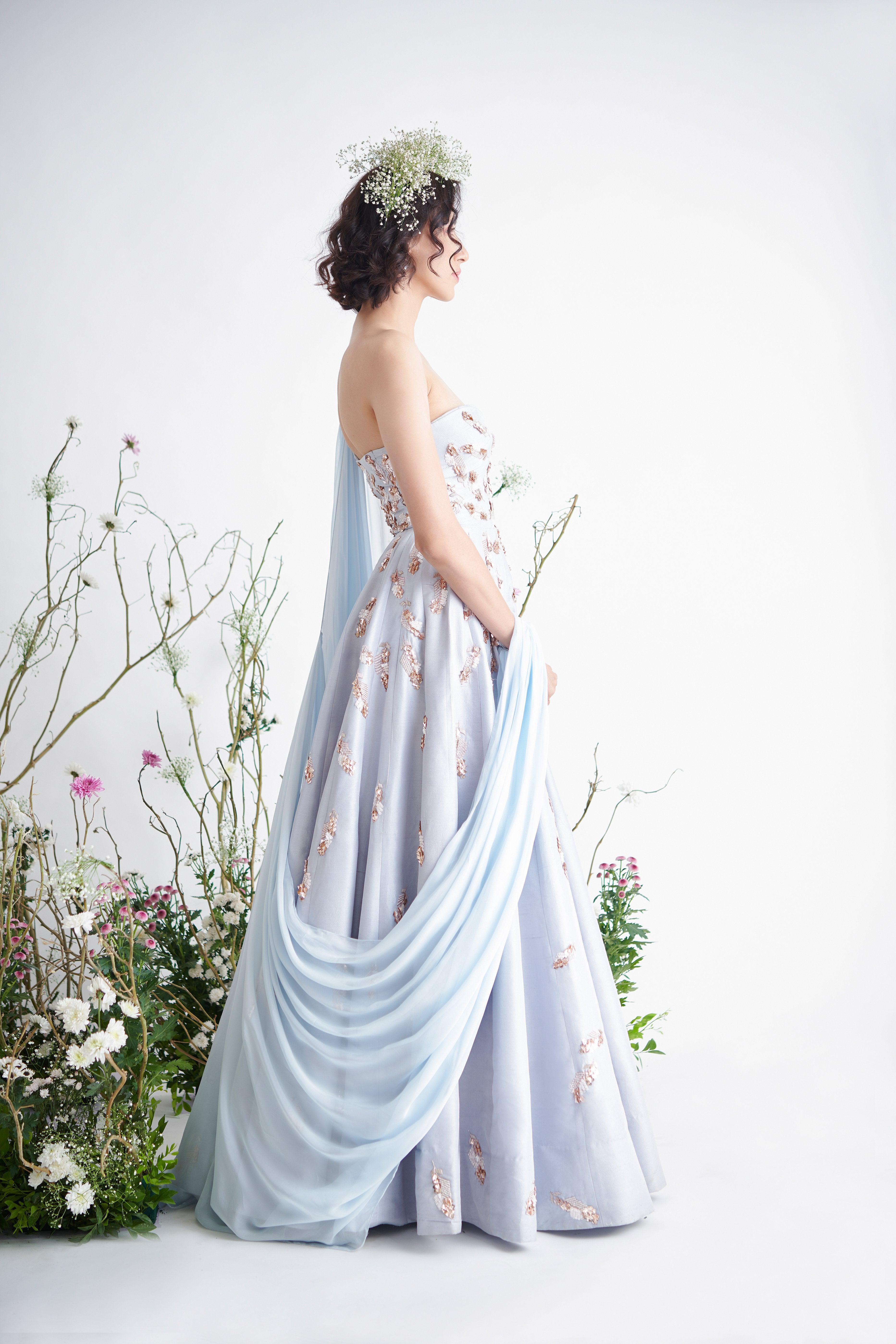 Pink Peacock Couture - Light Blue Hand Embroidered Drape Gown