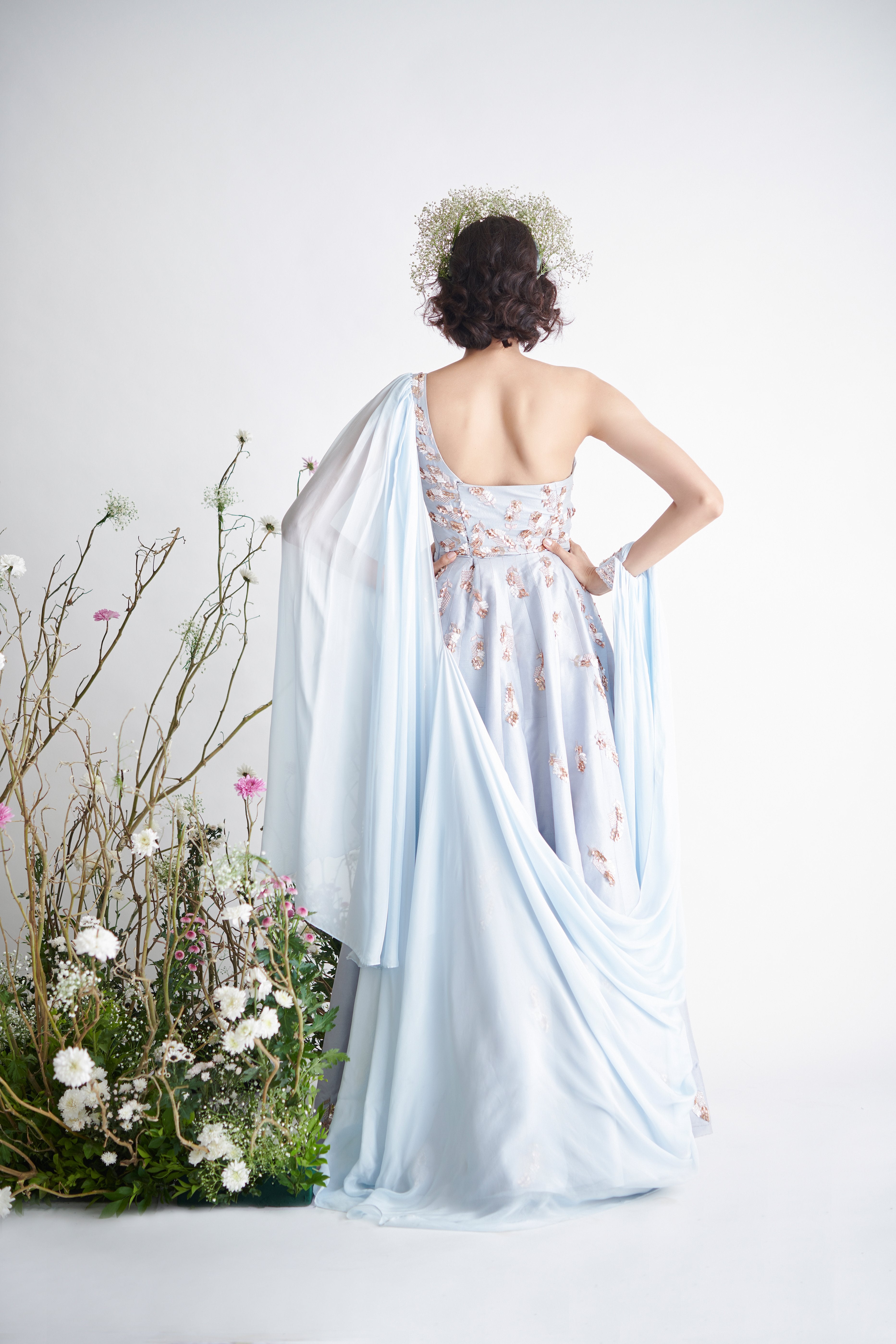 Pink Peacock Couture - Light Blue Hand Embroidered Drape Gown