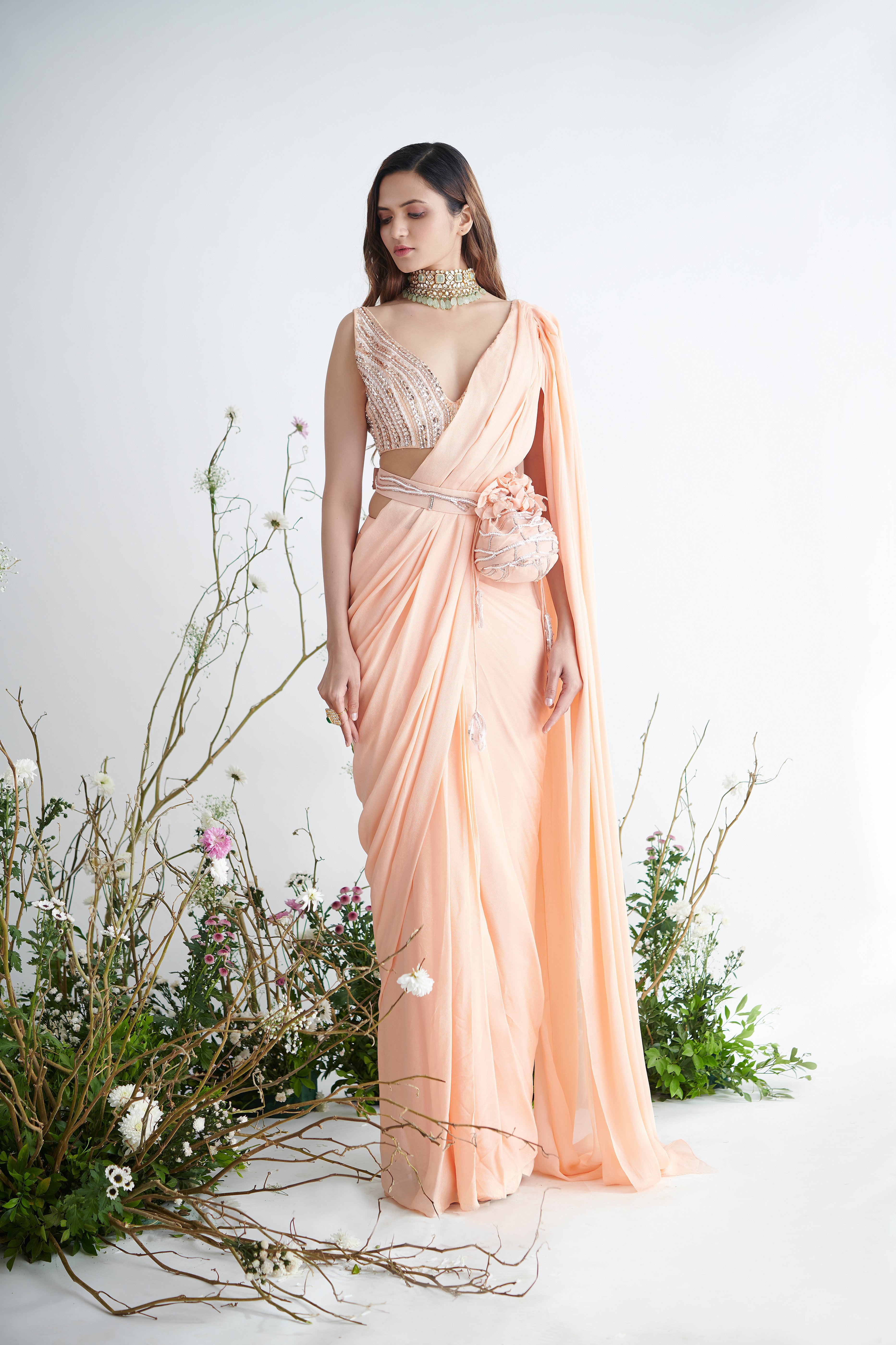 Pink Peacock Couture - Peach Hand Embroidered Pre-Draped Saree