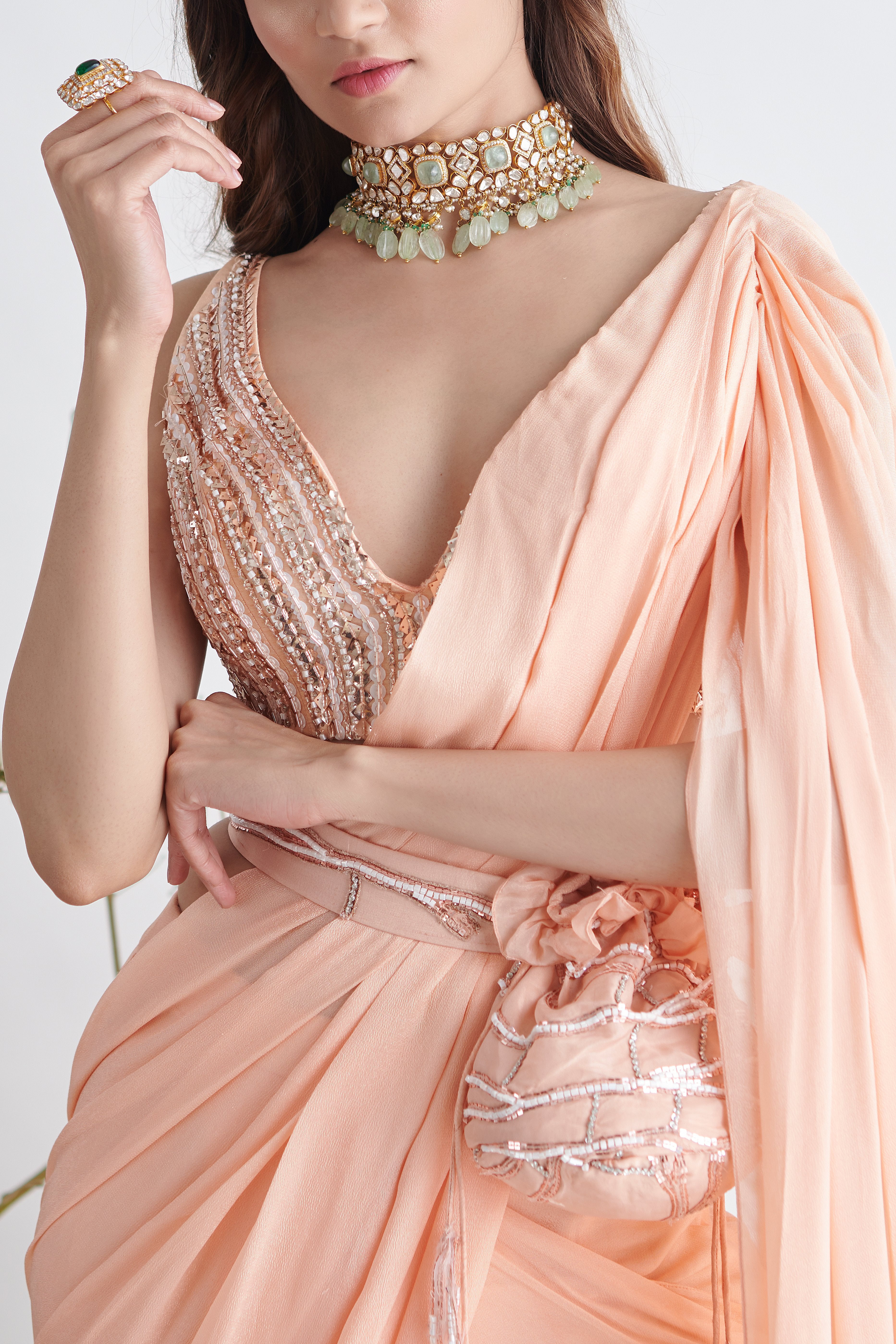 Pink Peacock Couture - Peach Hand Embroidered Pre-Draped Saree