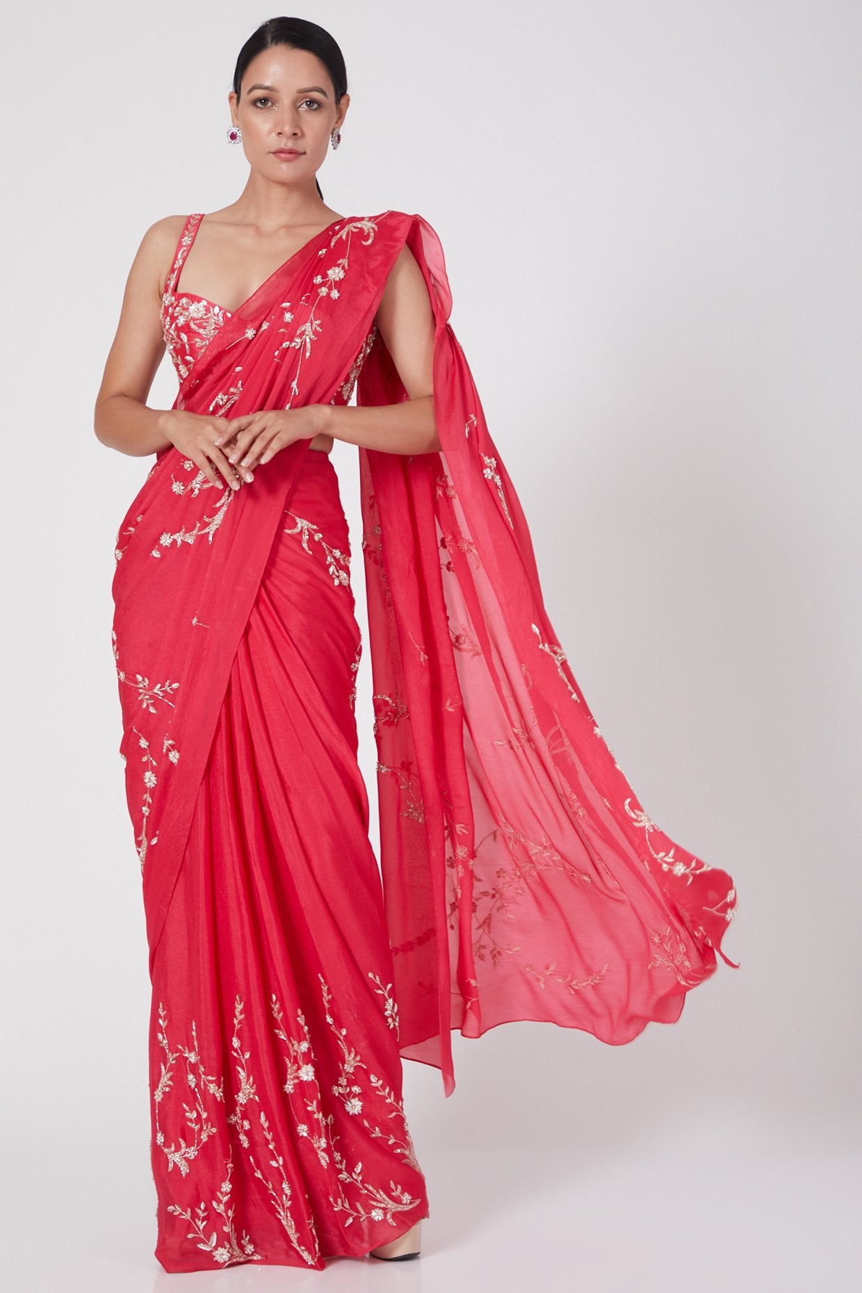 Pink Peacock Couture - Hot Pink Hand Embroidered Saree Set