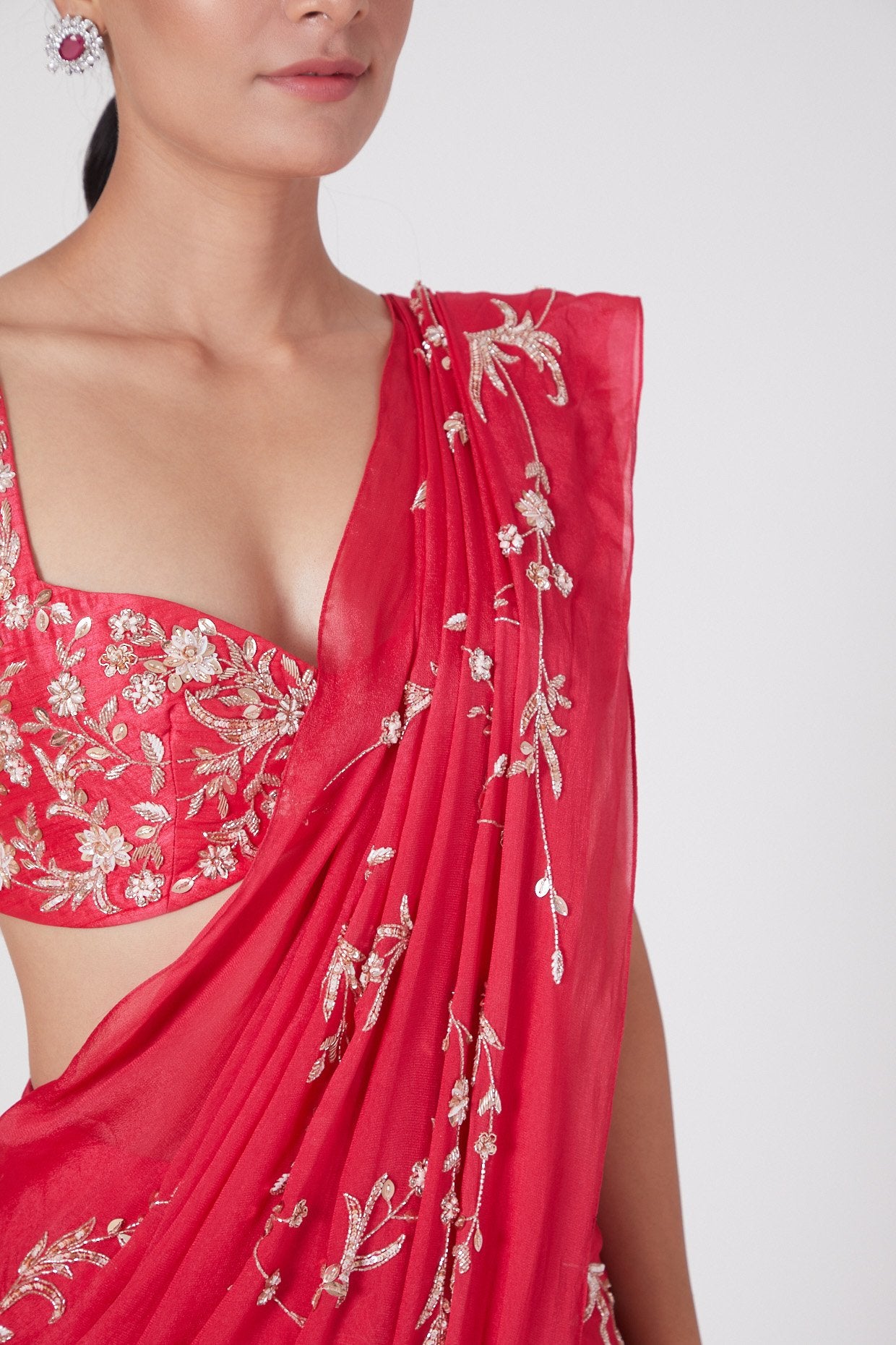 Pink Peacock Couture - Hot Pink Hand Embroidered Saree Set