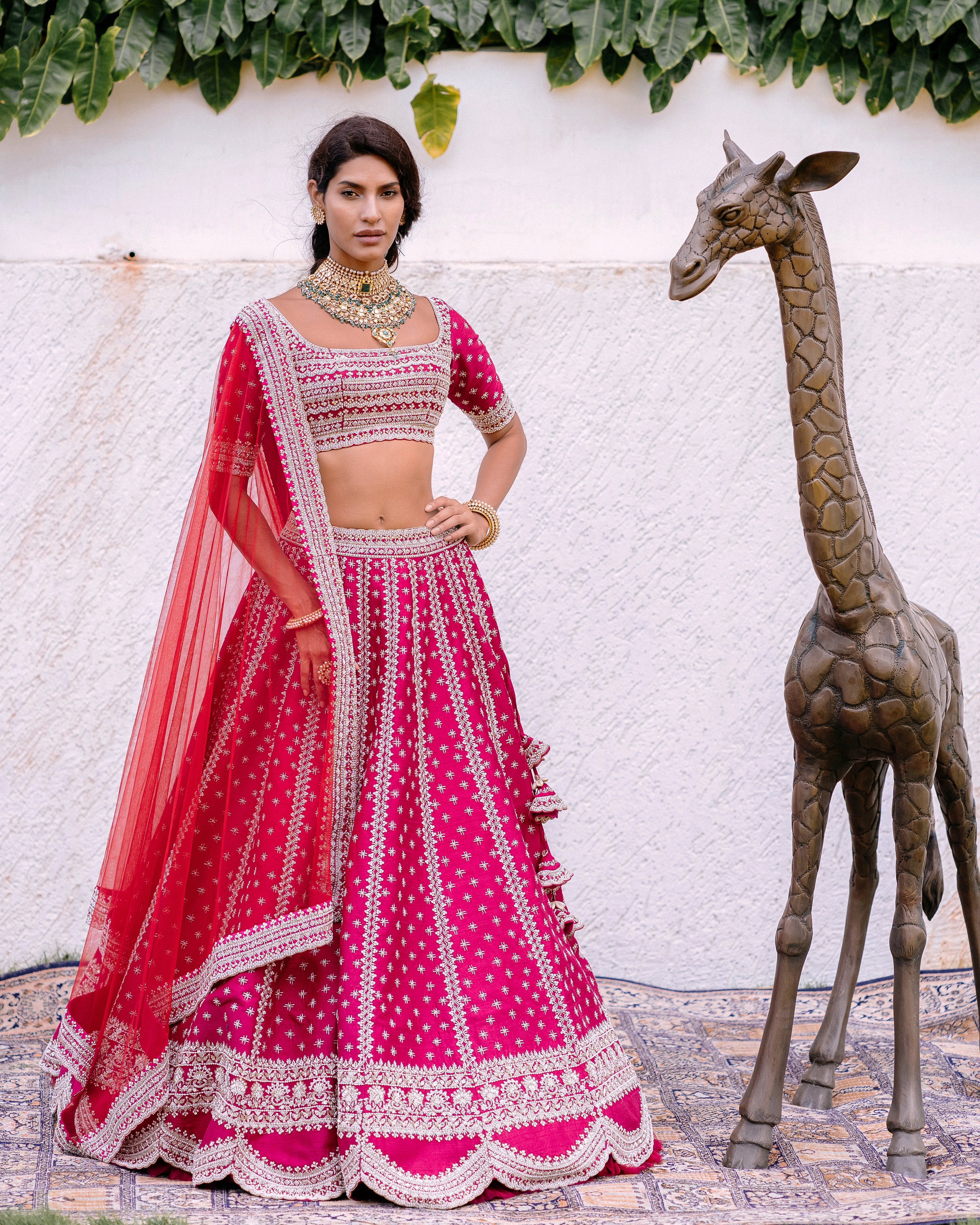 Anushree Reddy - Fuchsia Pink Embroidered Raw Silk Lehenga Set