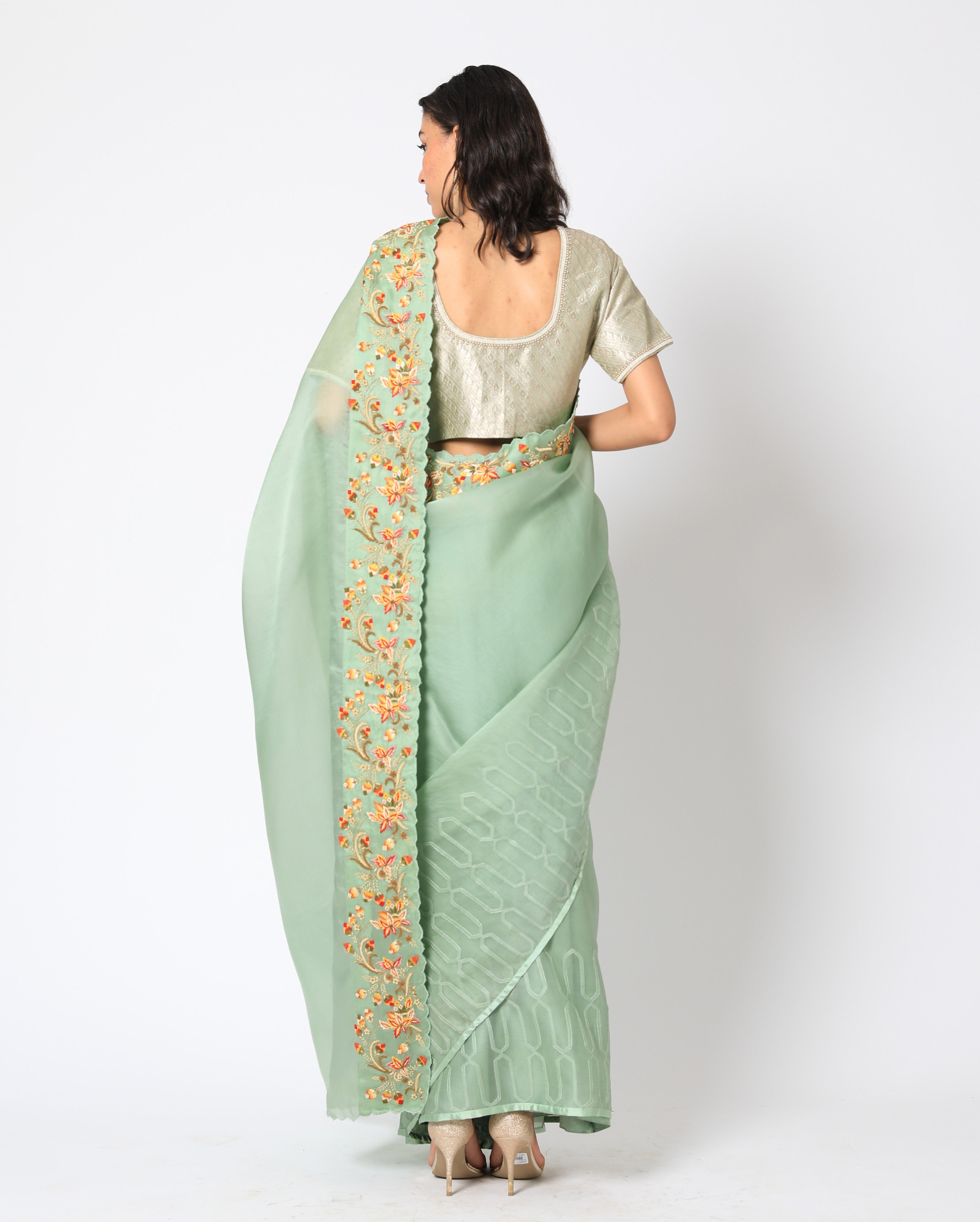 Romaa - Mint Green Embroidered Saree Set