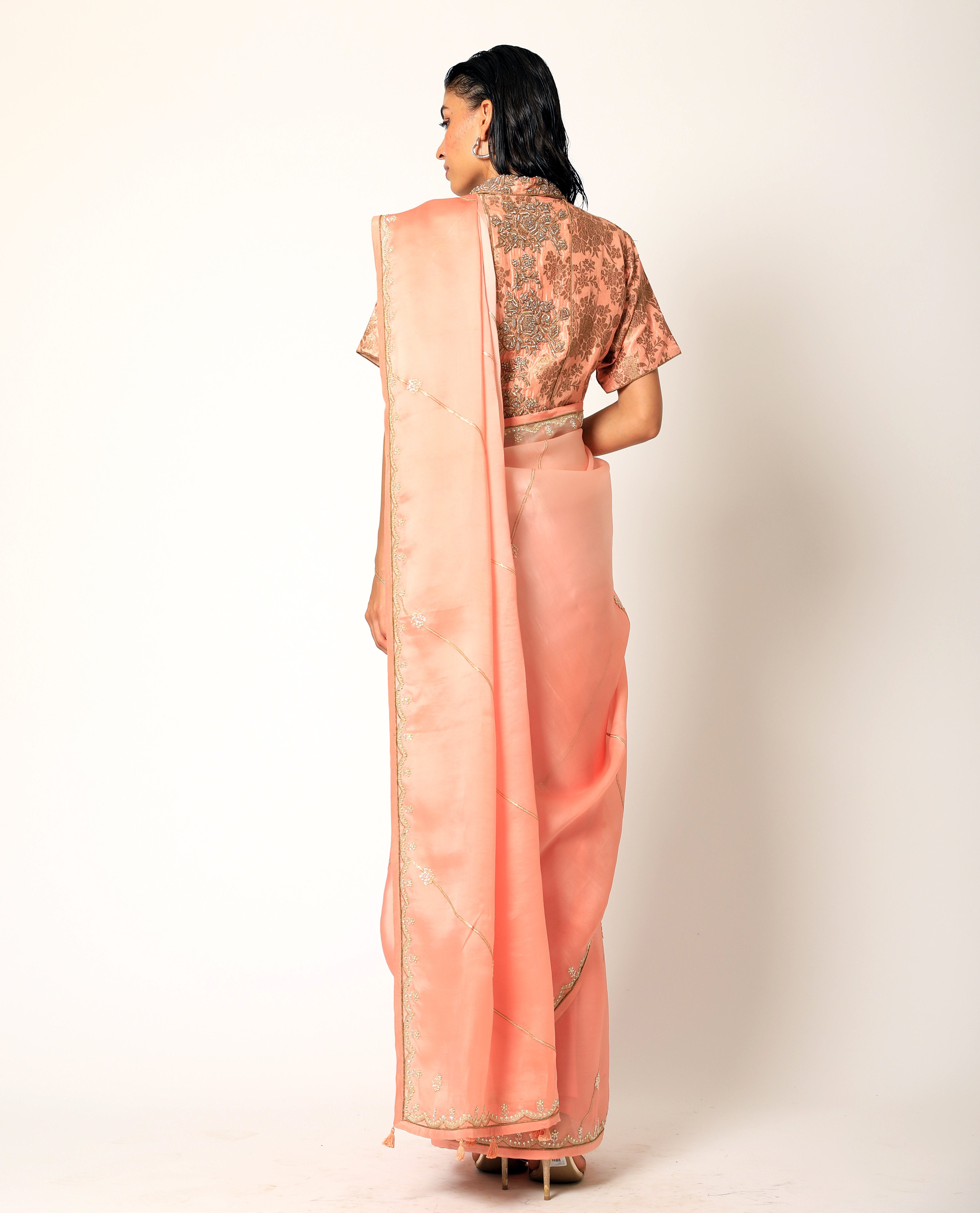Romaa - Coral Embroidered Saree Set