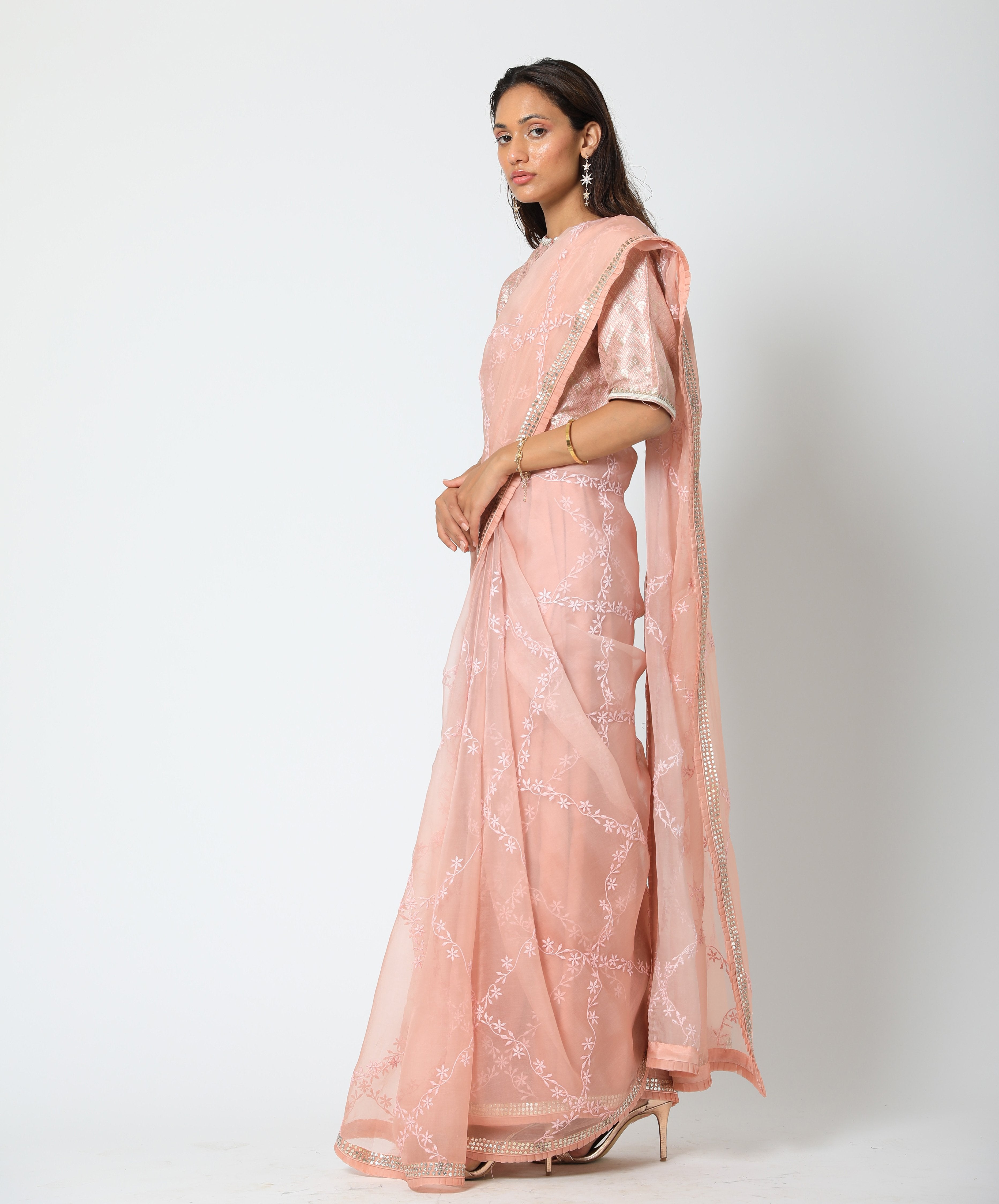Romaa - Blush Pink Embroidered Saree Set
