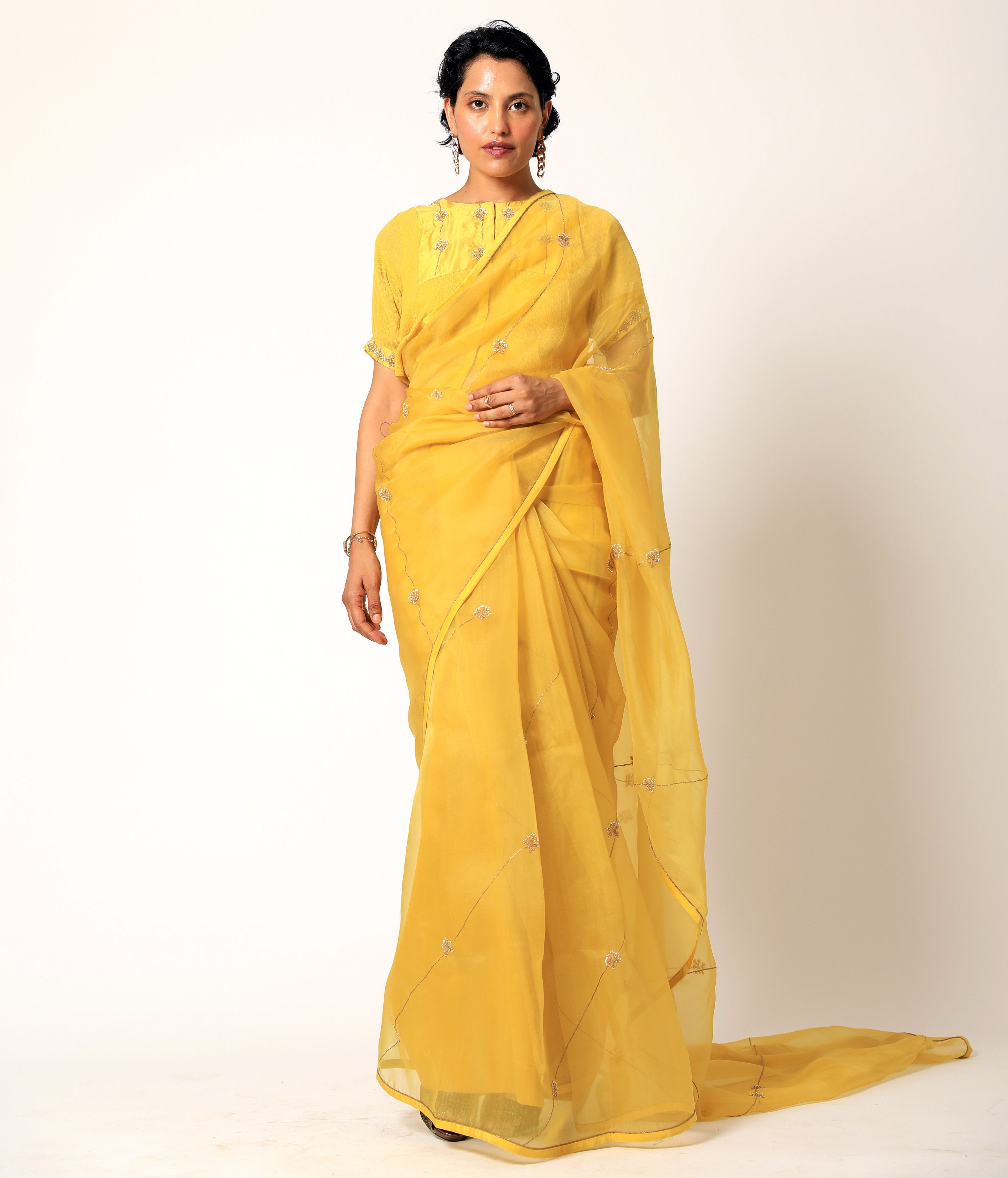 Romaa - Yellow Embroidered Saree Set