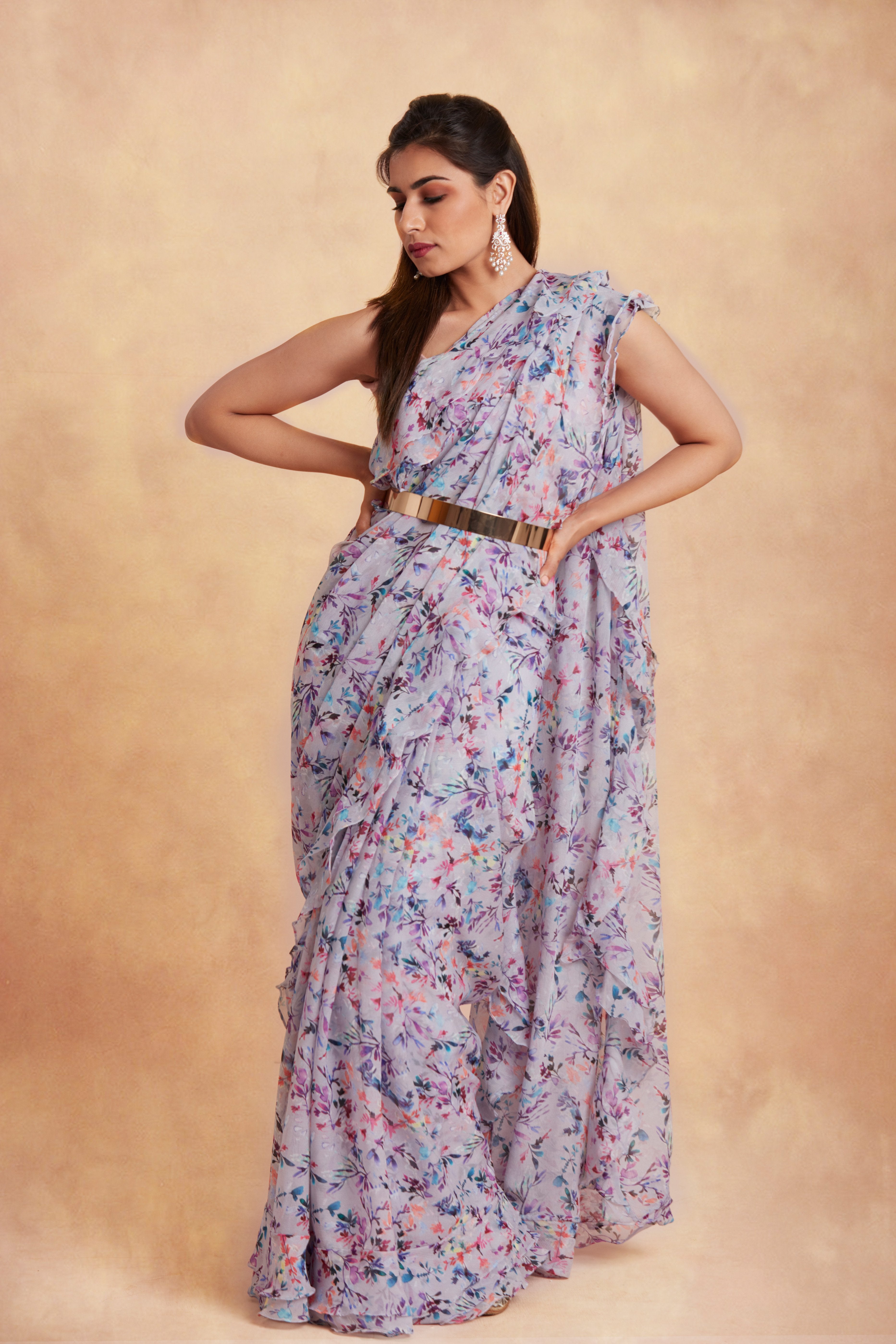 Sanjhana Reddy - Mauve printed ruffle saree