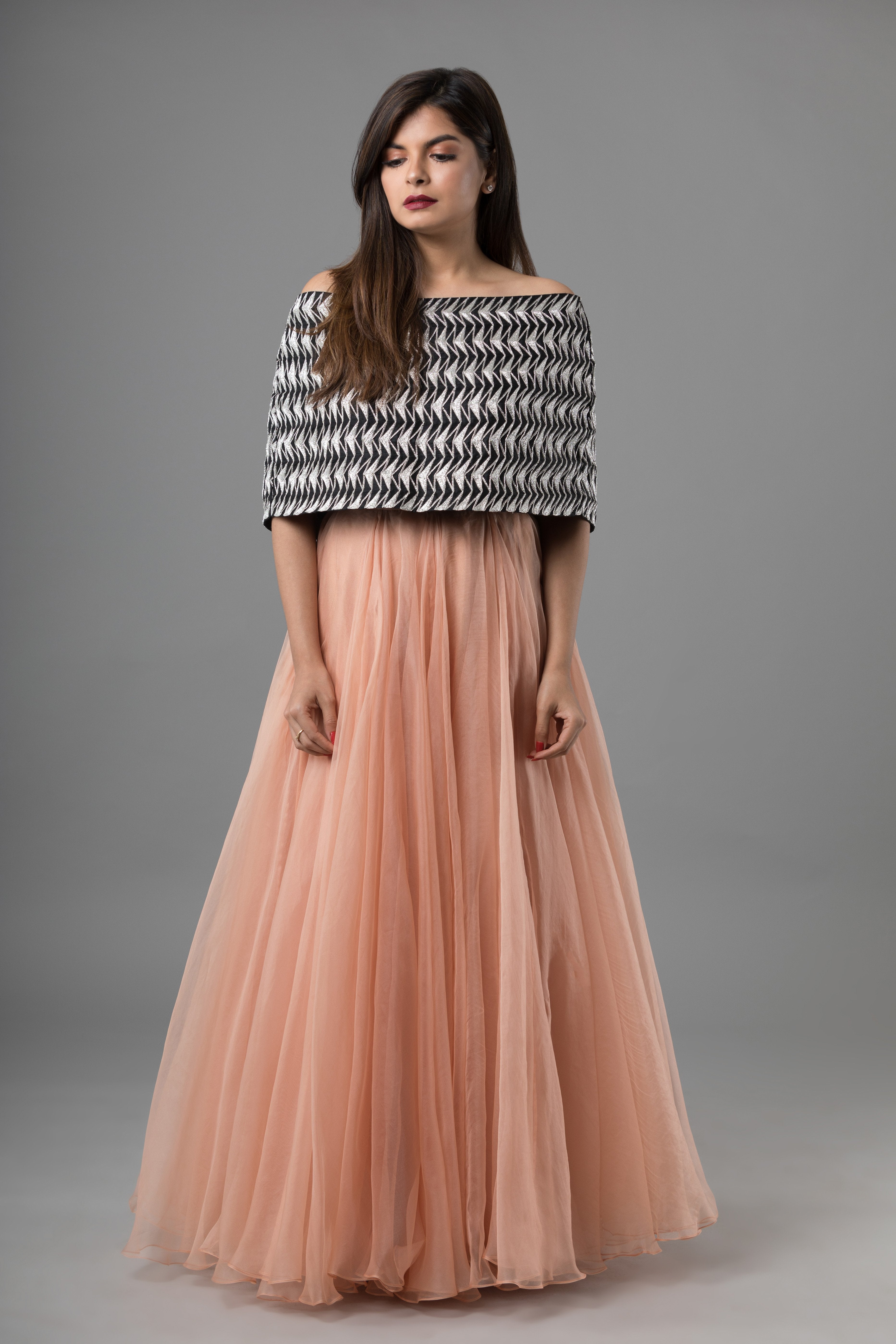 Sanjhana Reddy - Geometric Embroidered Cape Paired With An Organza Skirt