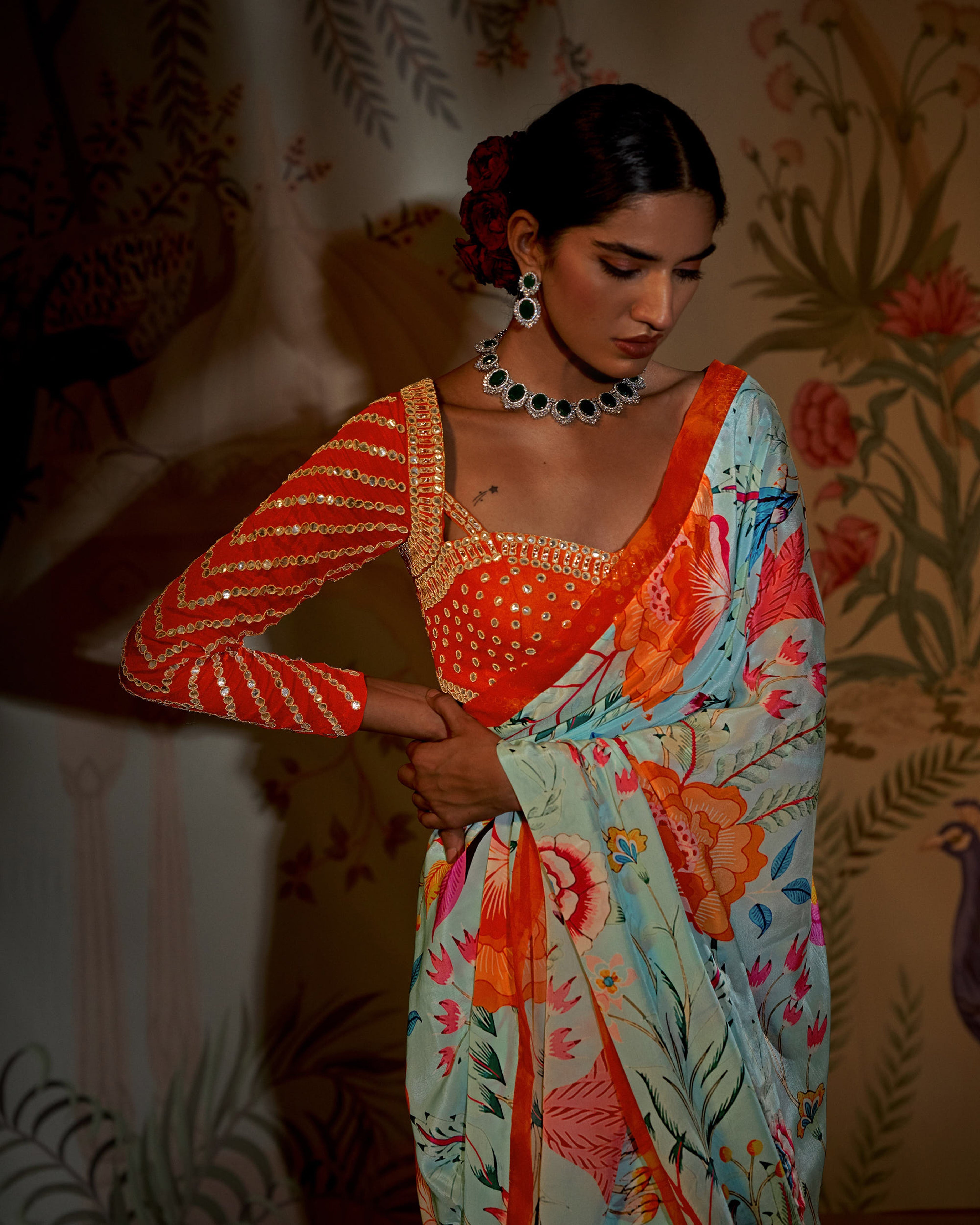 Aayushi Maniar - Aqua Blue Crepe Silk Floral Print Saree Set