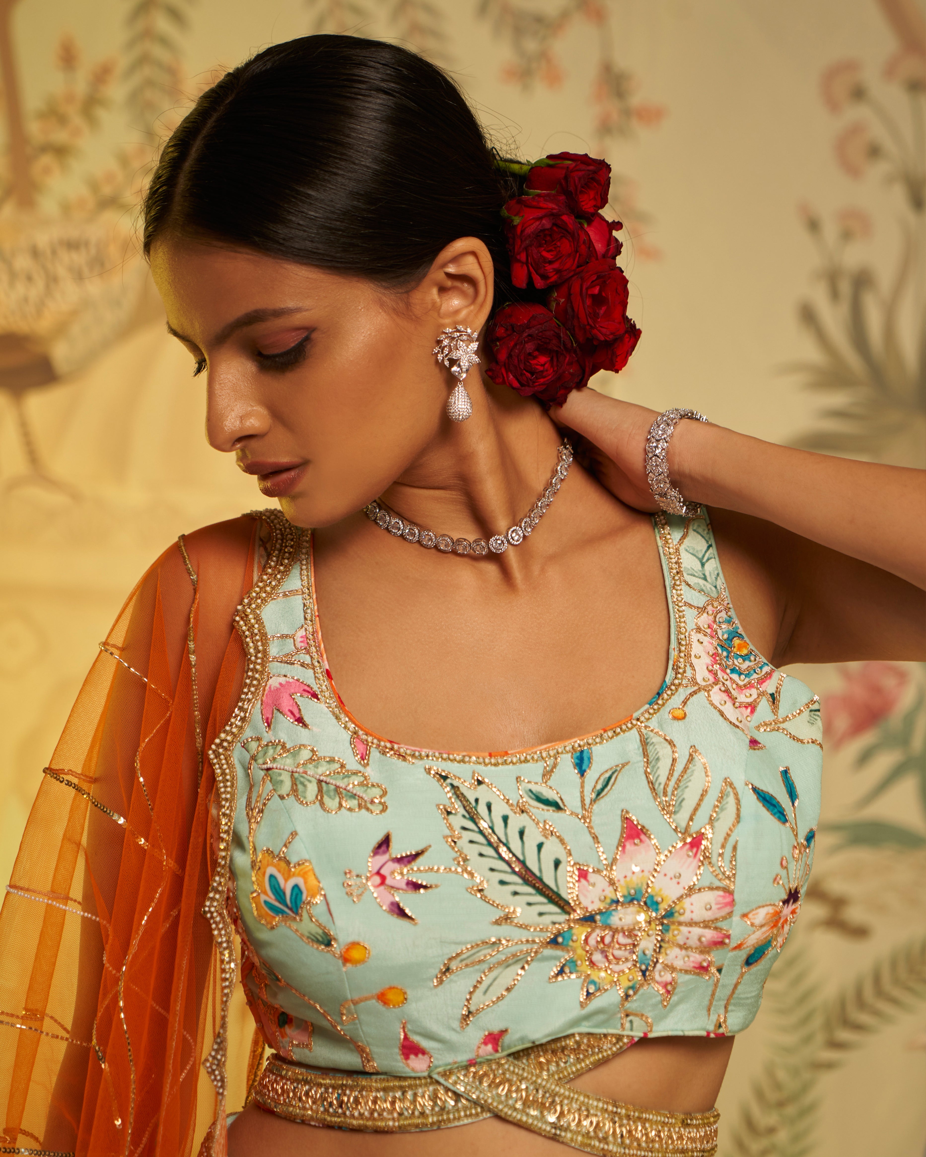 Aayushi Maniar - Aqua Blue Crepe Silk Floral Print Lehenga Set