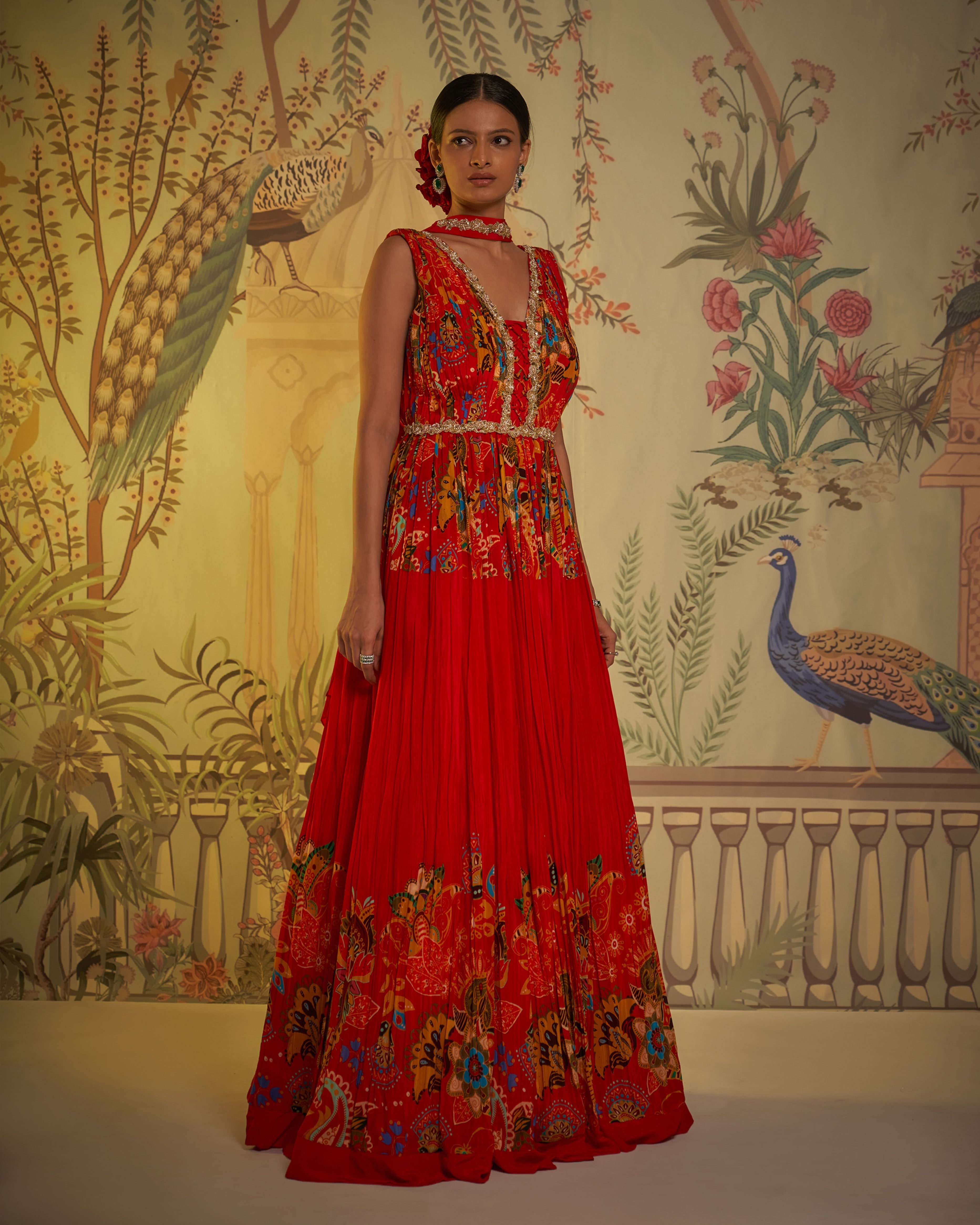 Aayushi Maniar - Red Crepe Silk Floral Print Anarkali With Dupatta Set