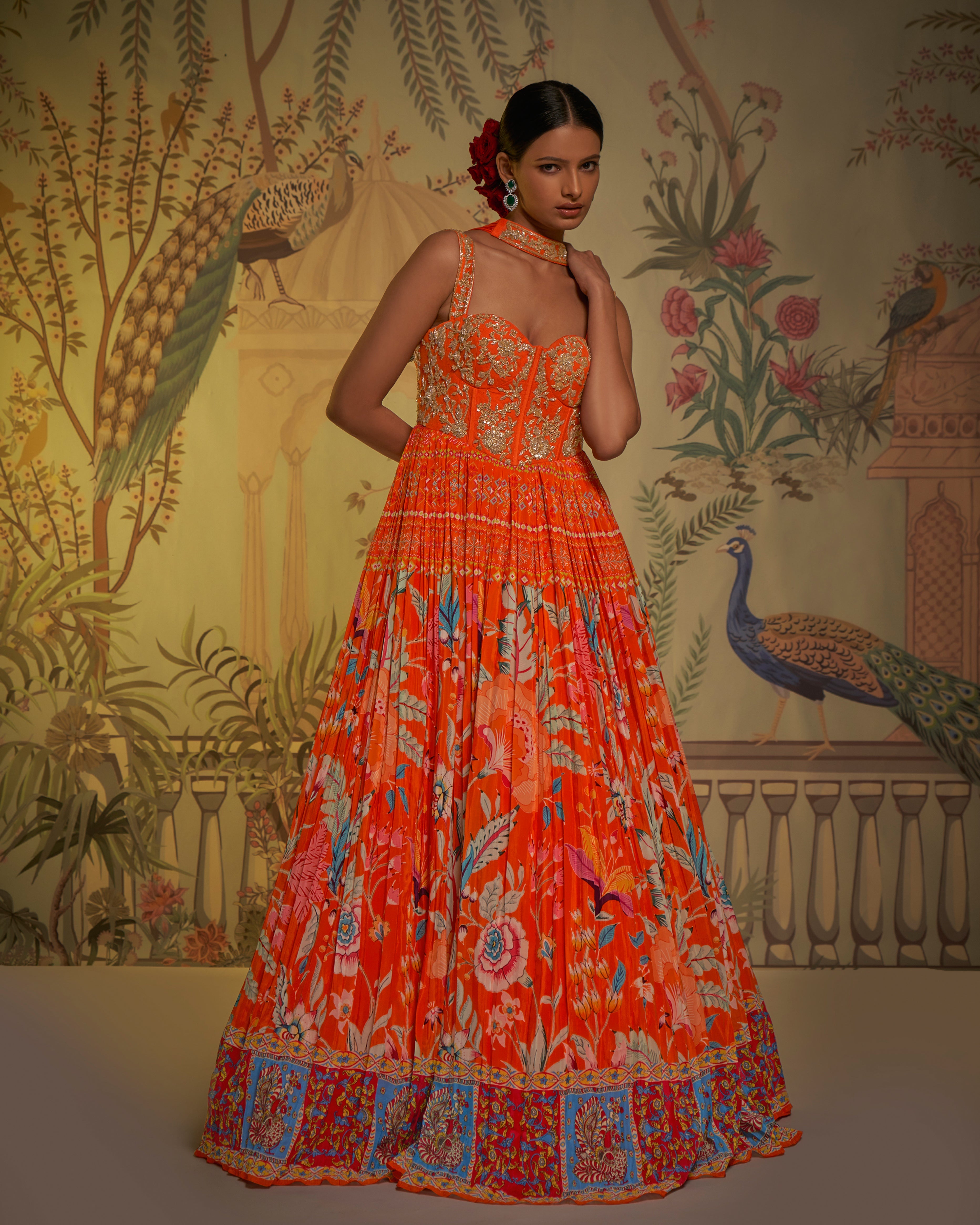 Aayushi Maniar - Orange Crepe Silk Printed Corset Anarkali With Dupatta Set