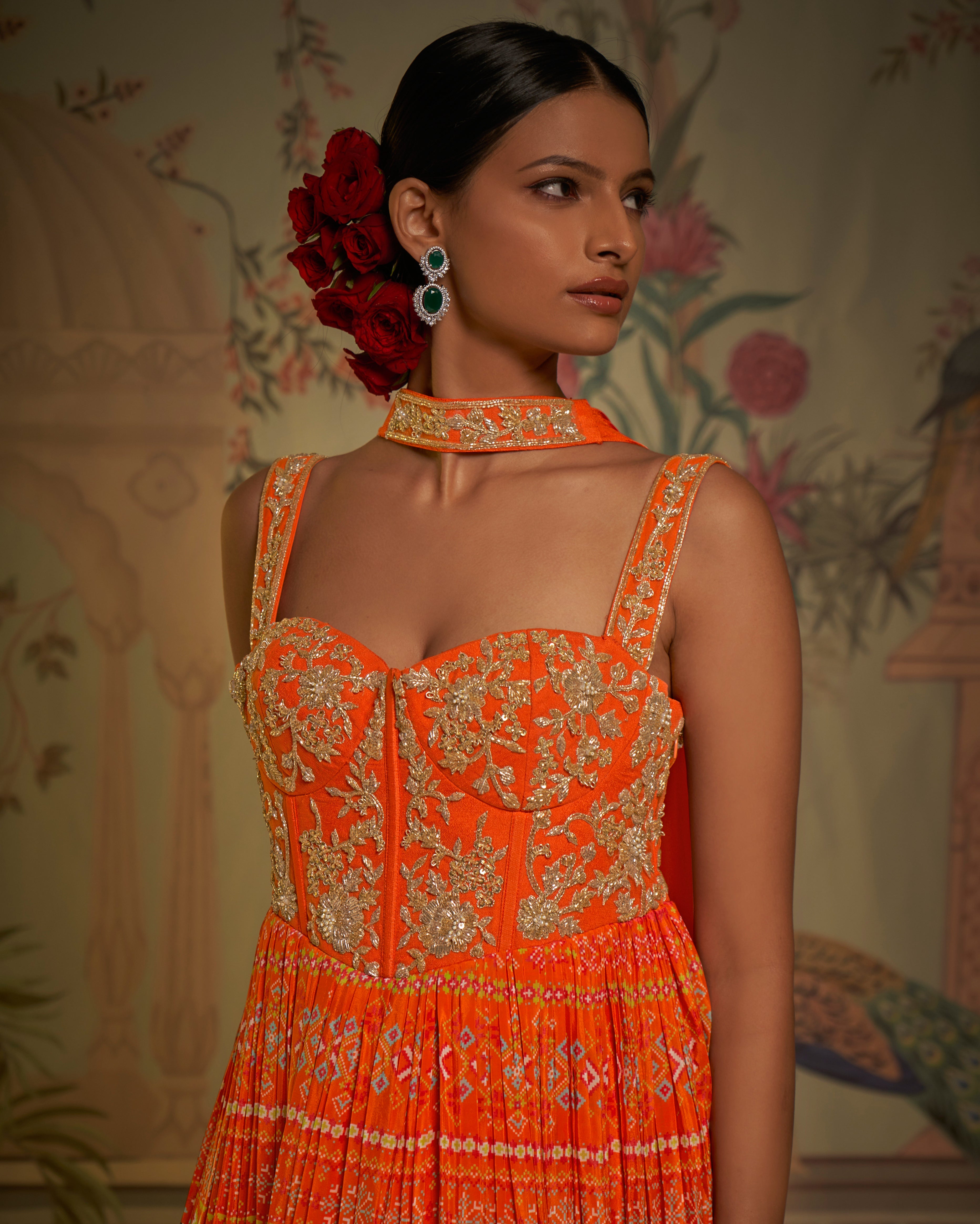 Aayushi Maniar - Orange Crepe Silk Printed Corset Anarkali With Dupatta Set