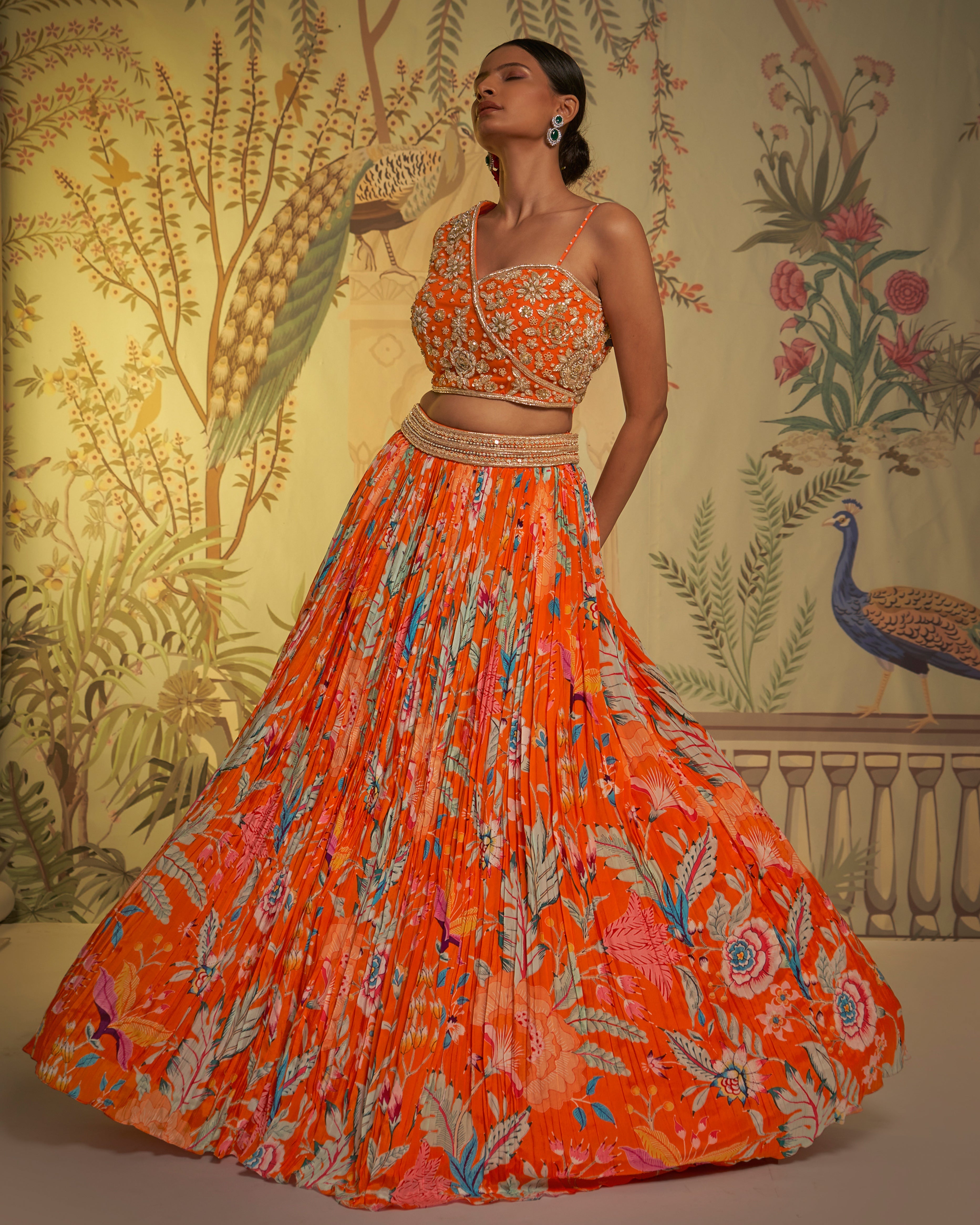 Aayushi Maniar - Orange Crepe Silk Floral Print Lehenga Set