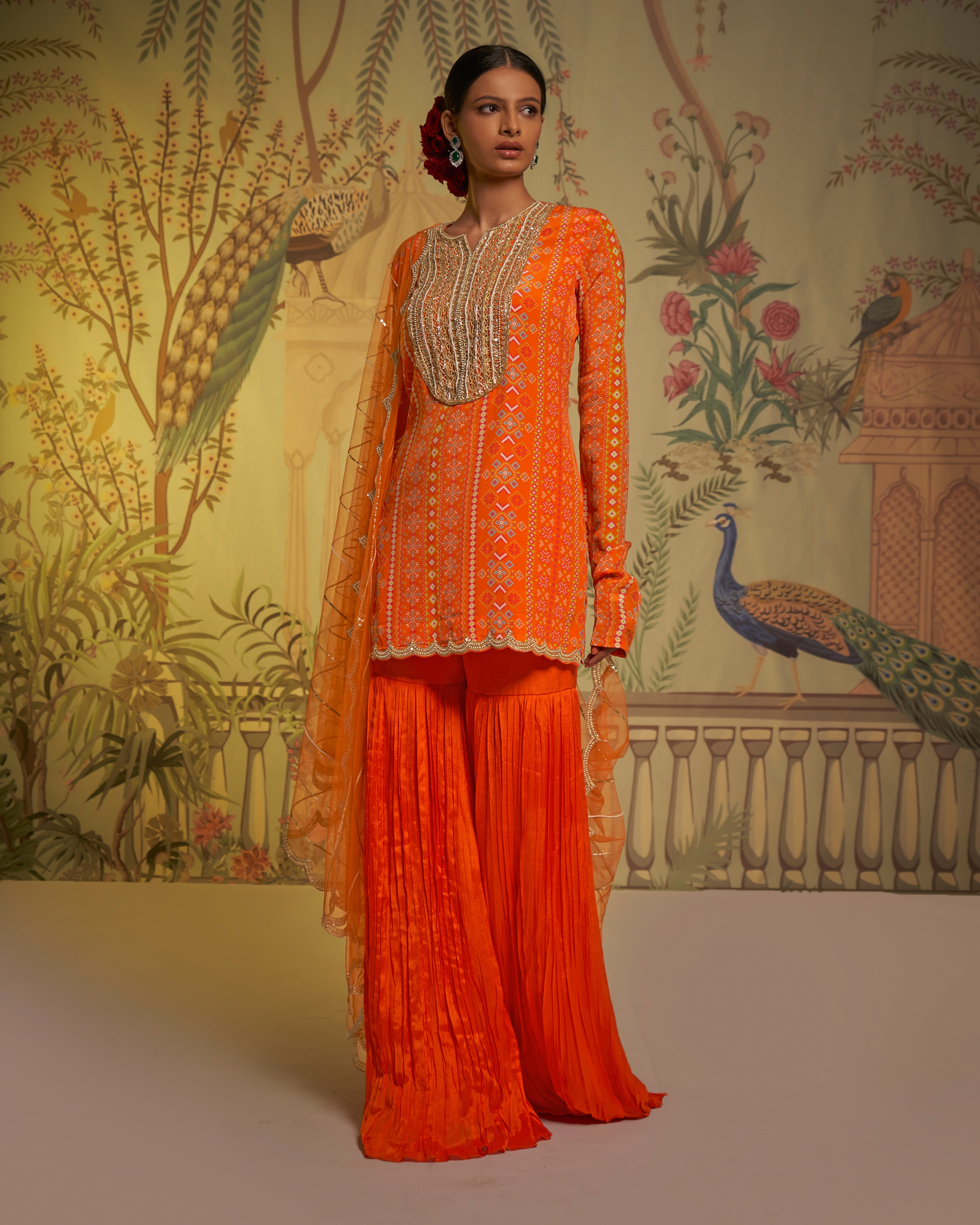 Aayushi Maniar - Orange Crepe Silk Patola Print Tunic Gharara Set