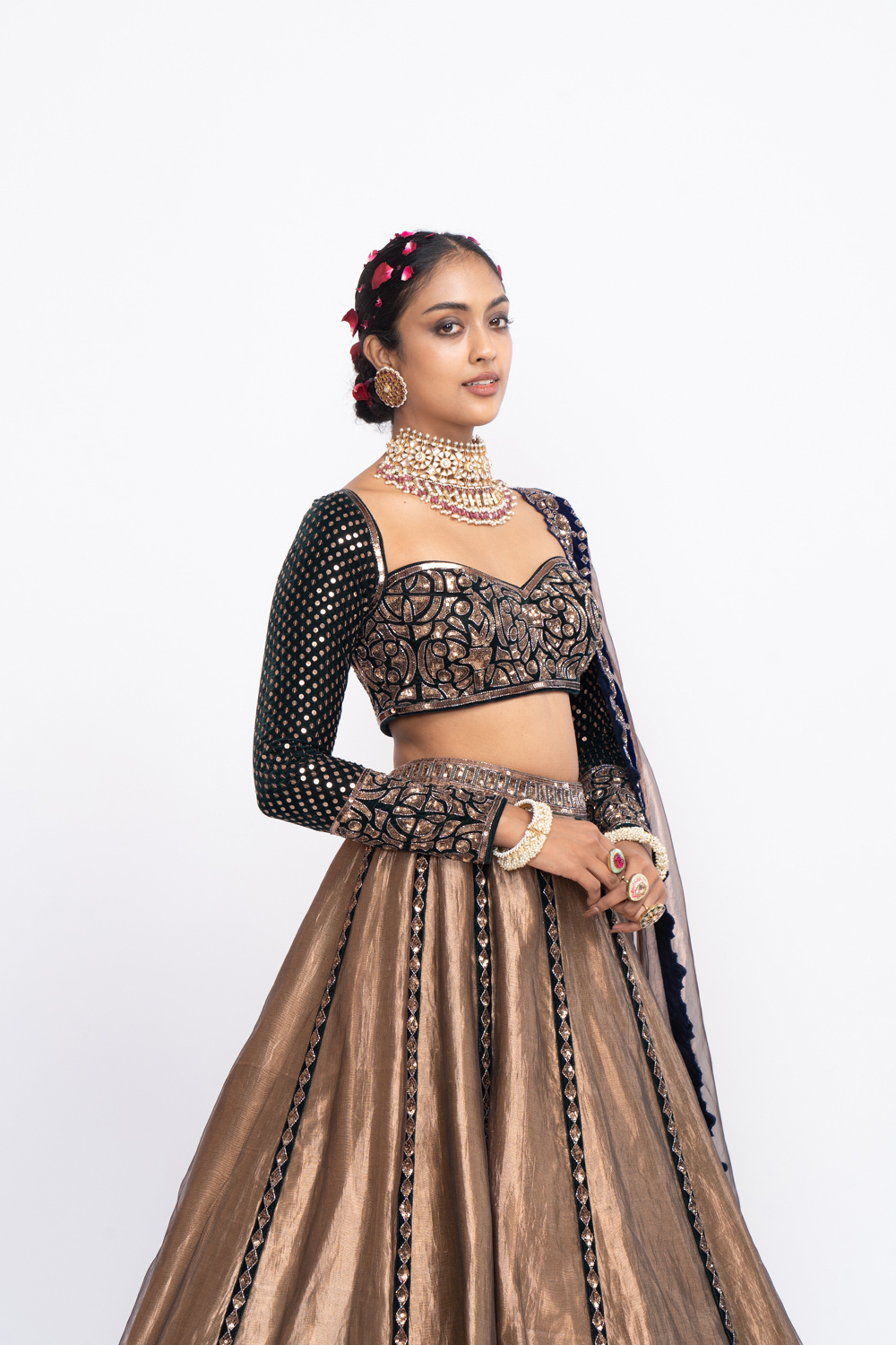 Vvani Vats - Deep Green Copper Tissue Lehenga Set