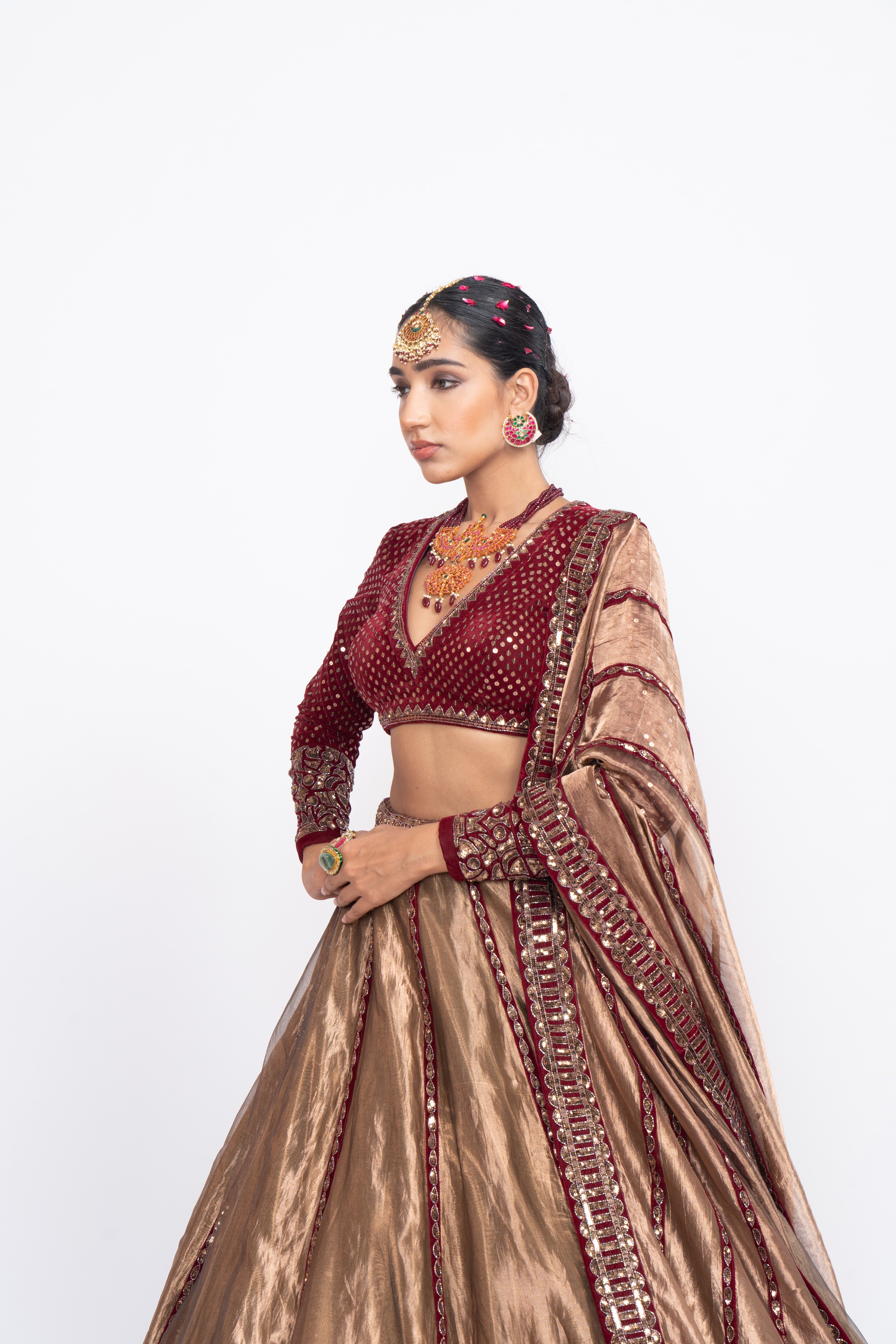 Vvani Vats - Maroon Copper Tissue Lehnga Set
